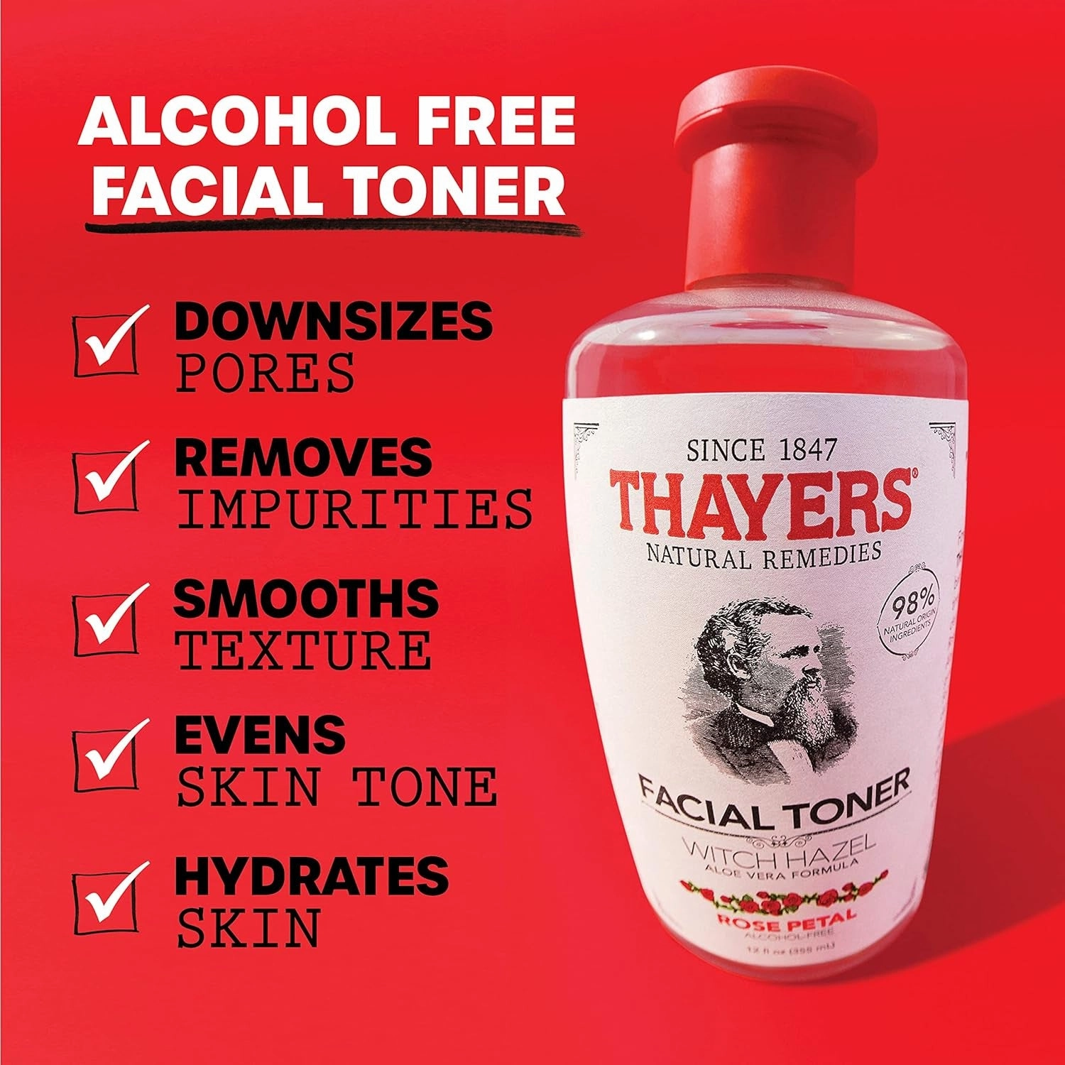 Facial Toner, Witch Hazel with Aloe Vera, Rose Petal, 12 Fl Oz