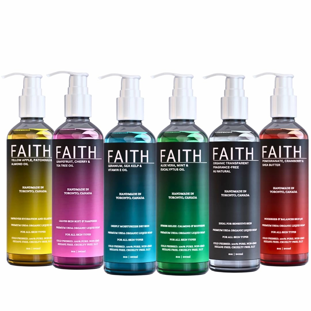 Faith Co USDA Organic Liquid Soap 6 Variety Pack For Bath Body & Hands- (Au Natural, Tea Tree & Cherry, Patchouli & Almond, Sea Kelp, Pomegranate & Shea, Eucalyptus & Mint) 8 oz Each 1 CT