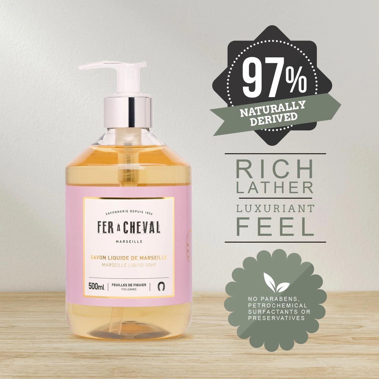 Fer à Cheval Fig Leaves Marseille Liquid Soap | Argan & Coconut Oil Blend, Gentle Hydration, SLS-Free, 97% Natural - Duo Set, 500ml / 16.9 f oz