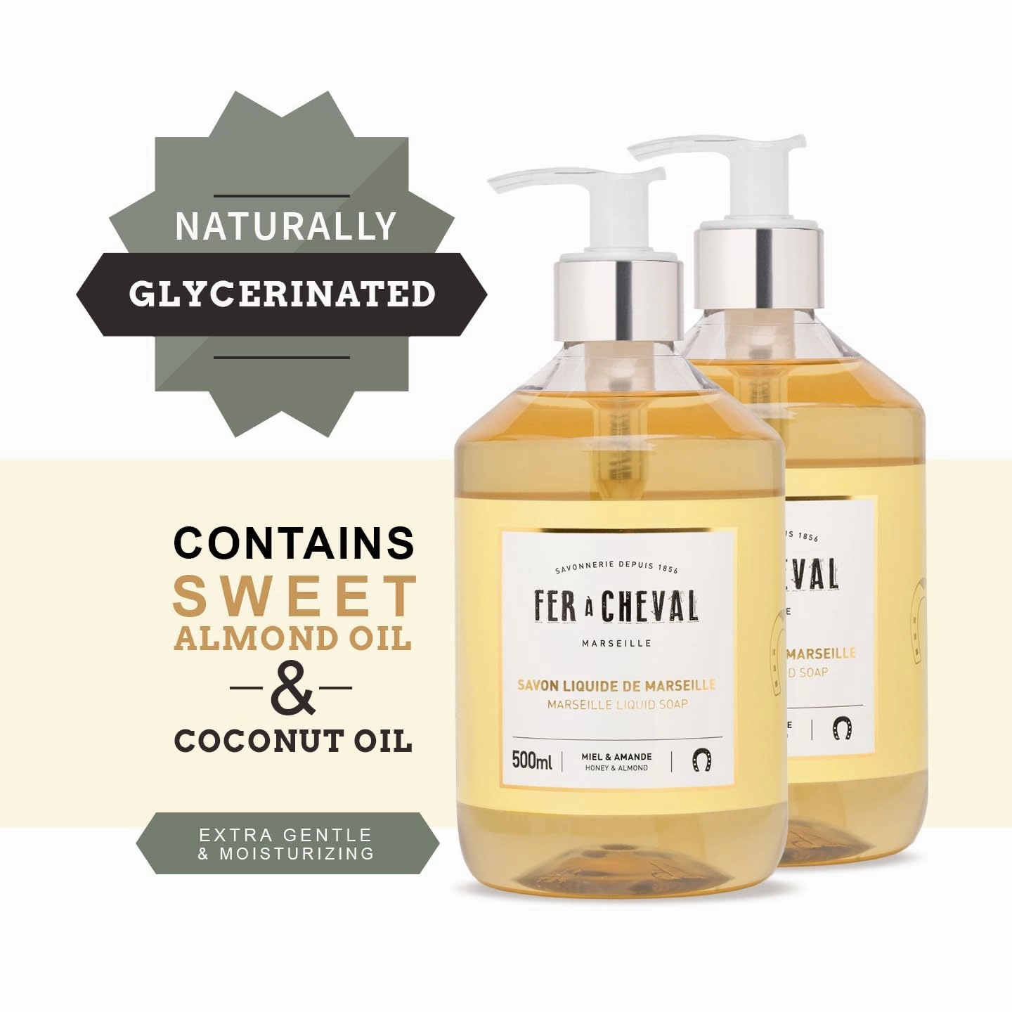 Fer à Cheval Honey & Almond Nourishing Liquid Soap - Natural Almond & Coconut Oil Blend, Ultra Gentle & Moisturizing, Eco-Conscious - Set of 2, 500ml / 16.9 f oz