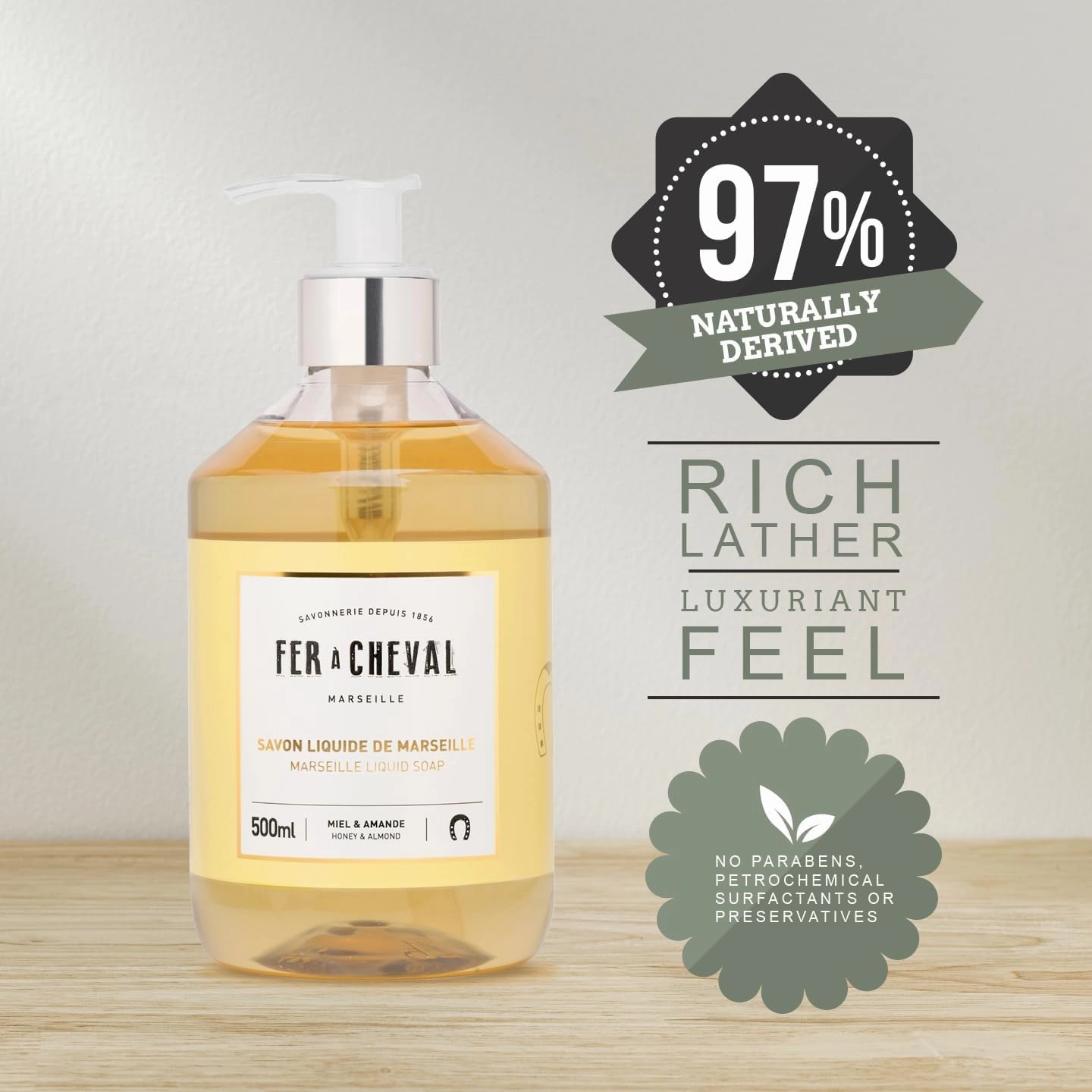 Fer à Cheval Honey & Almond Nourishing Liquid Soap - Natural Almond & Coconut Oil Blend, Ultra Gentle & Moisturizing, Eco-Conscious - Set of 2, 500ml / 16.9 f oz