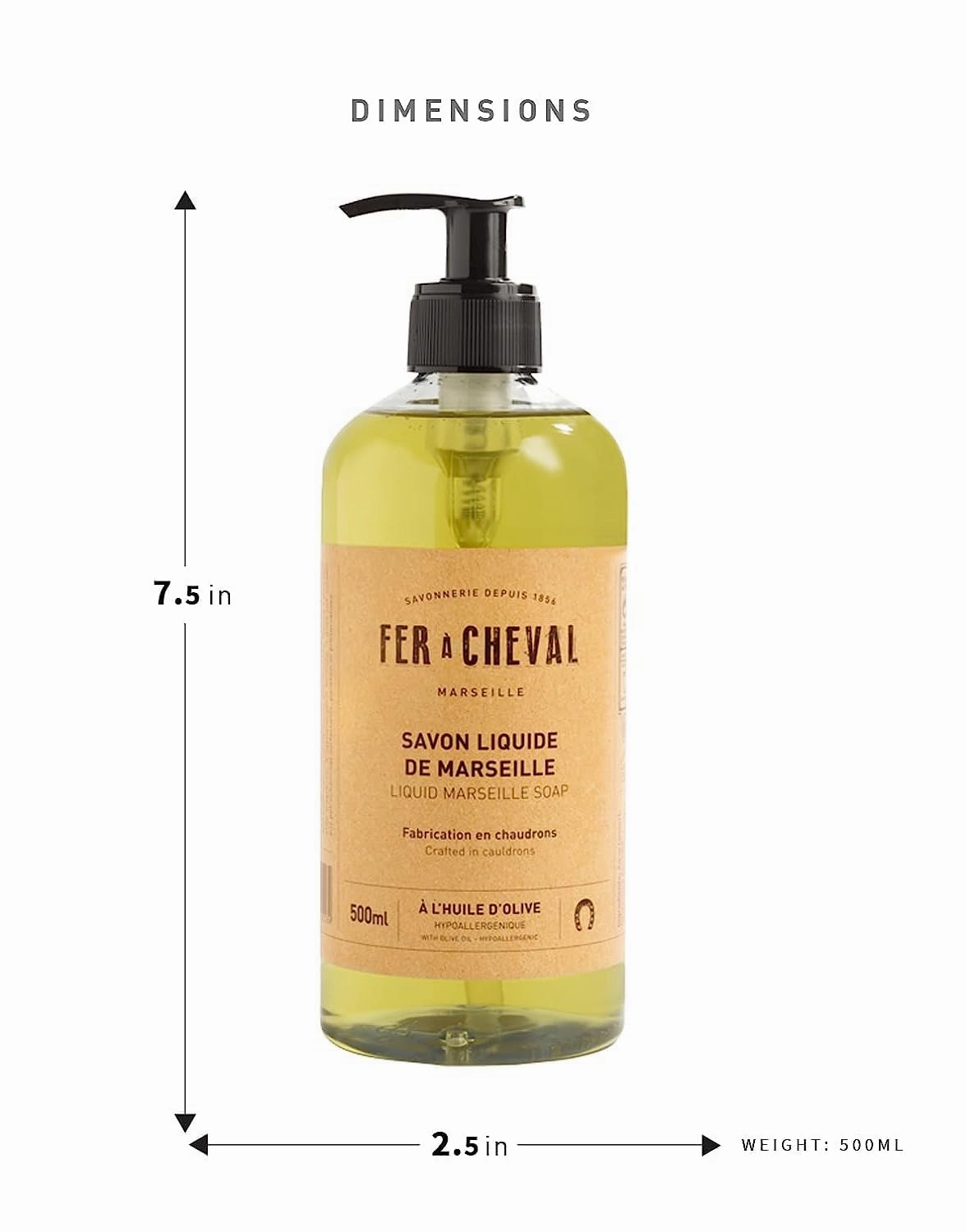 Fer à Cheval Olive Oil Liquid Marseille Soap, Hypoallergenic Savon Liquide De Marseille, Crafted in Cauldrons, 16.9 fl oz