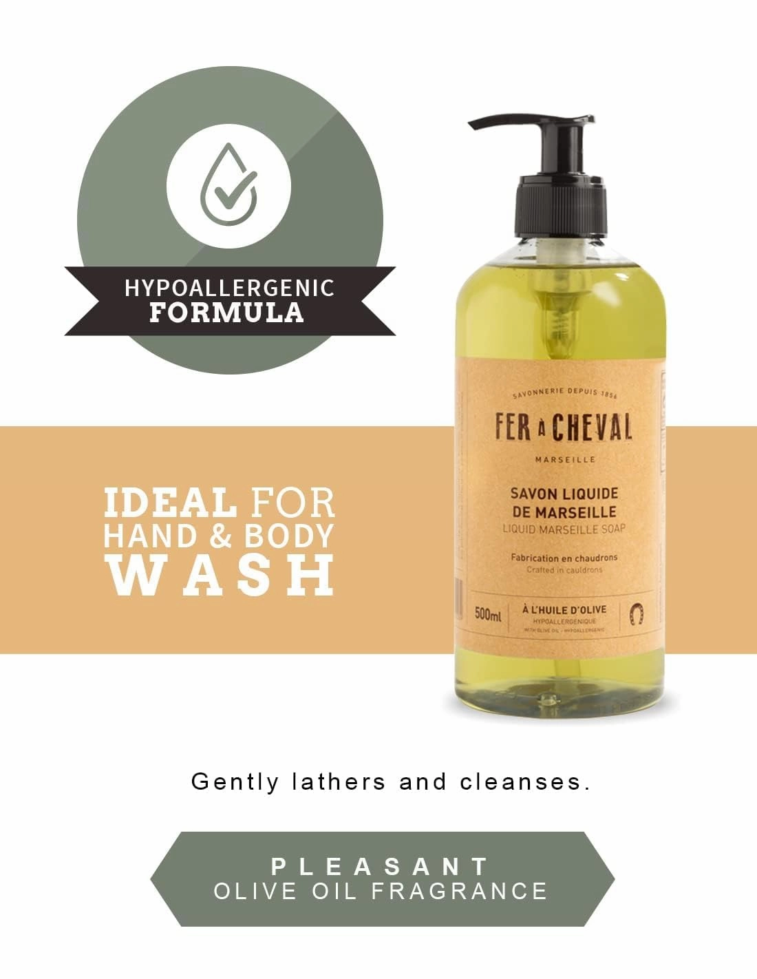 Fer à Cheval Olive Oil Liquid Marseille Soap, Hypoallergenic Savon Liquide De Marseille, Crafted in Cauldrons, 16.9 fl oz