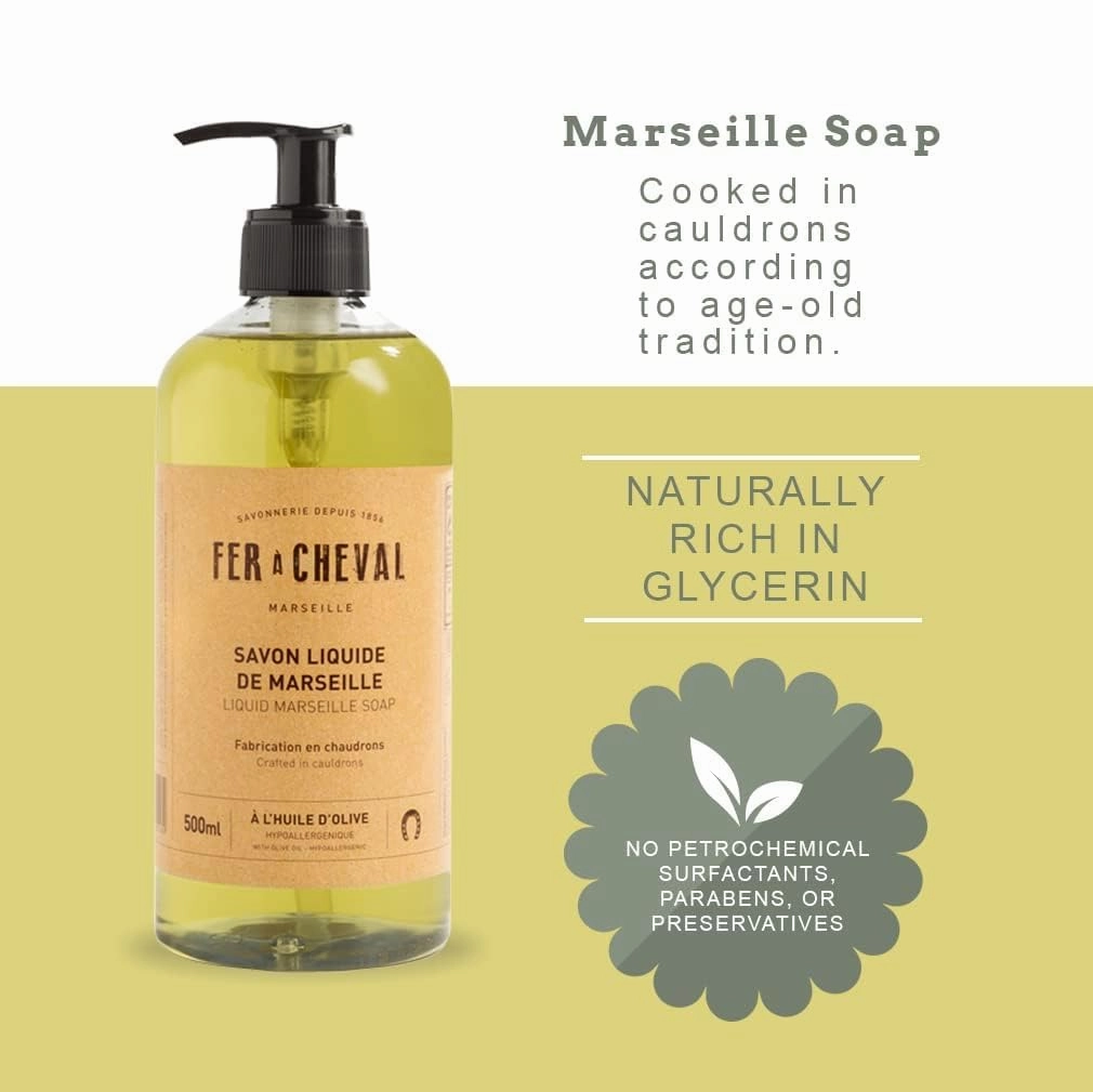 Fer à Cheval Olive Oil Liquid Marseille Soap, Hypoallergenic Savon Liquide De Marseille, Crafted in Cauldrons, 16.9 fl oz