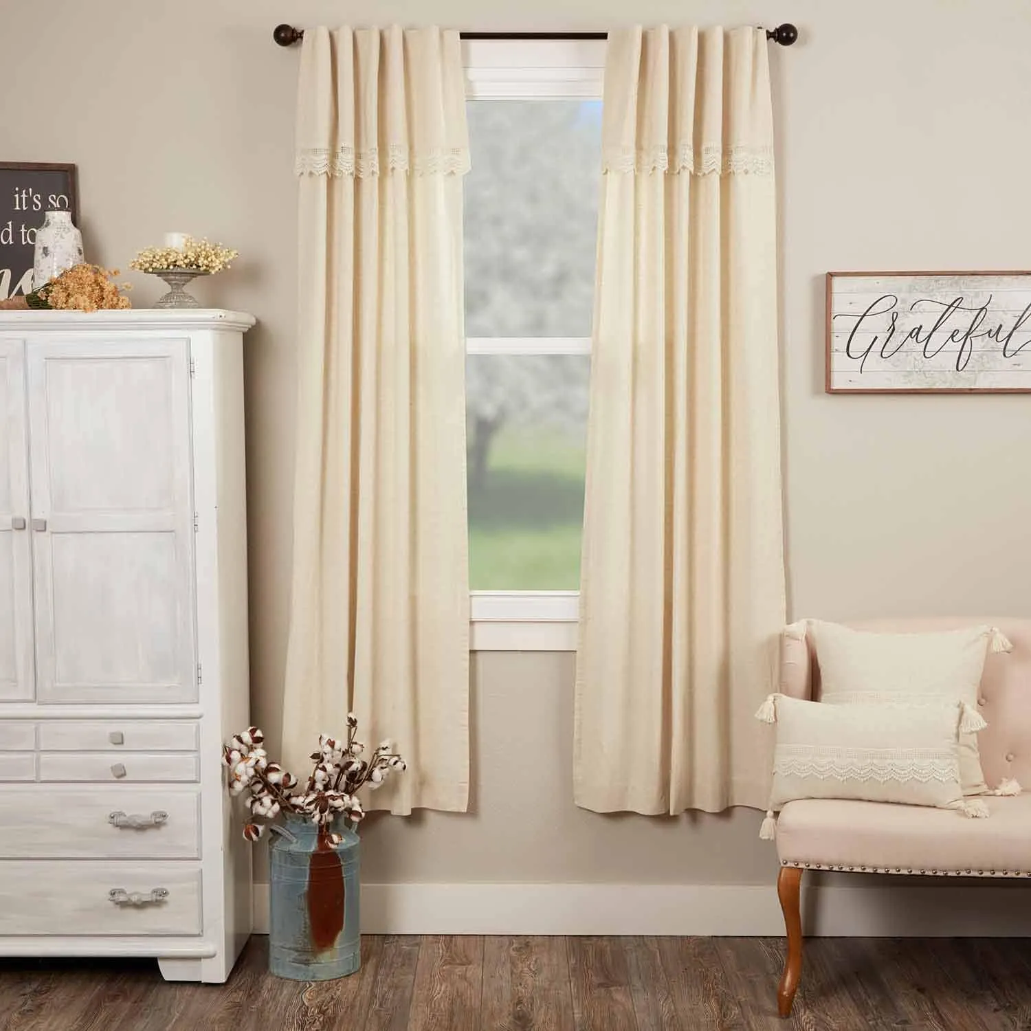 Flax and Lace Panel Curtains, Set of 2, 84" Long, Natural Cream Drapes w/Crochet Lace Trim and Valance Top, Vintage Farmhouse, Boho