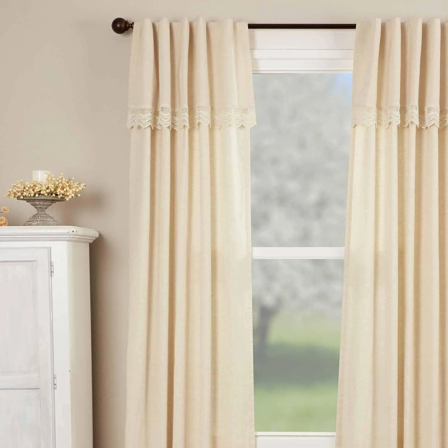 Flax and Lace Panel Curtains, Set of 2, 84" Long, Natural Cream Drapes w/Crochet Lace Trim and Valance Top, Vintage Farmhouse, Boho