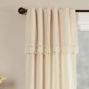 Flax and Lace Panel Curtains, Set of 2, 84" Long, Natural Cream Drapes w/Crochet Lace Trim and Valance Top, Vintage Farmhouse, Boho