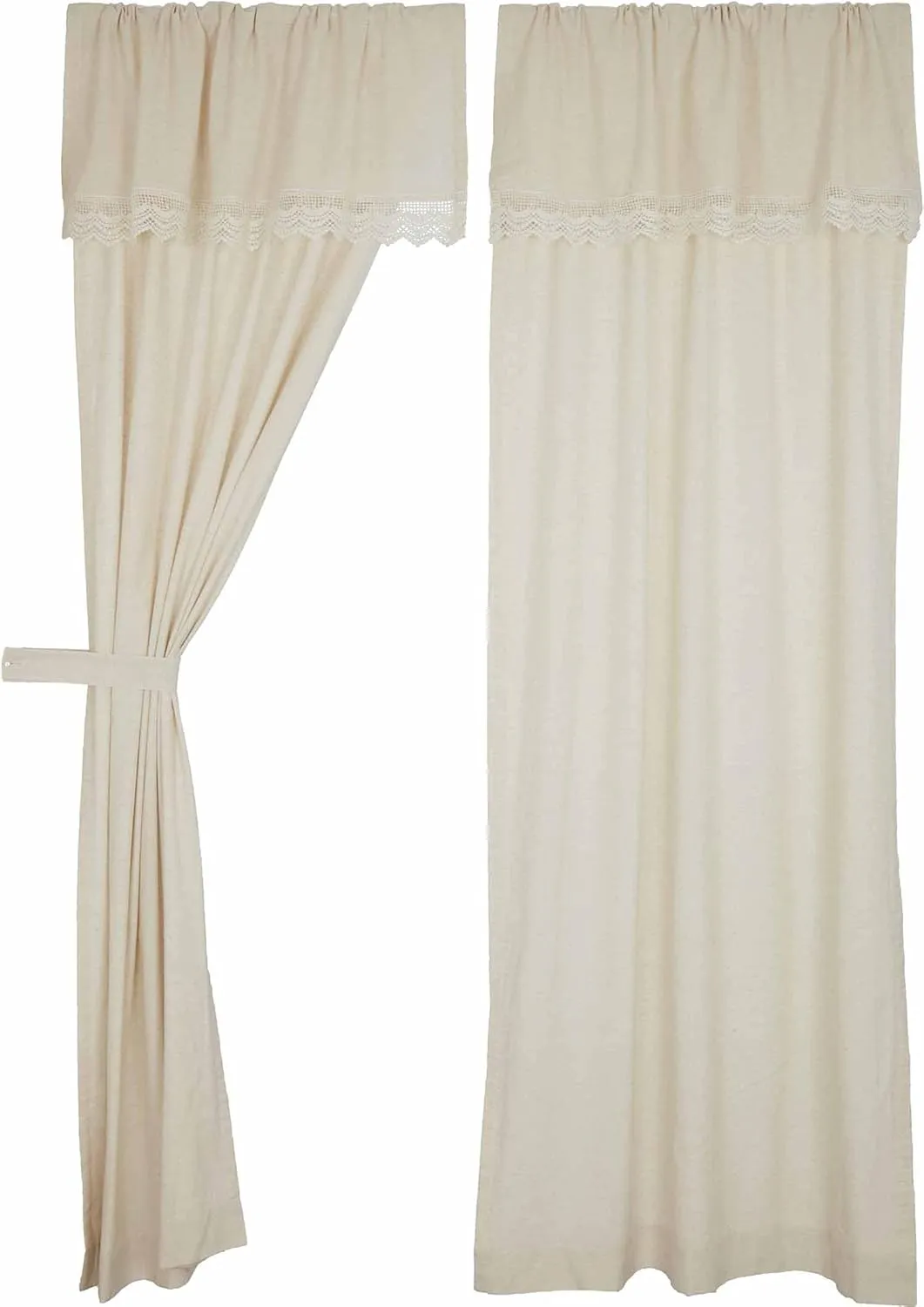Flax and Lace Panel Curtains, Set of 2, 84" Long, Natural Cream Drapes w/Crochet Lace Trim and Valance Top, Vintage Farmhouse, Boho