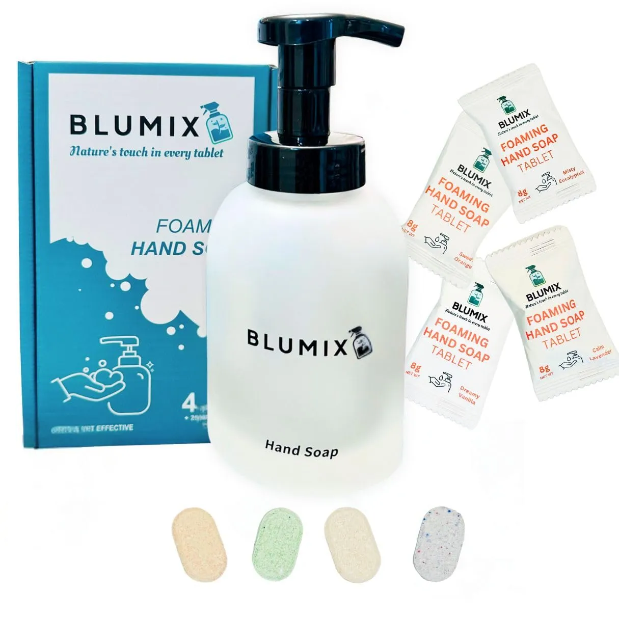 Foaming Hand Soap Set - Reusable Glass Foam Pump Dispenser   4 Fragrant Foaming Soap Tablets - Non-Toxic, Vegan, Skin-Friendly Formula - Zero Waste Cleaning Products, Mother's Day Gift