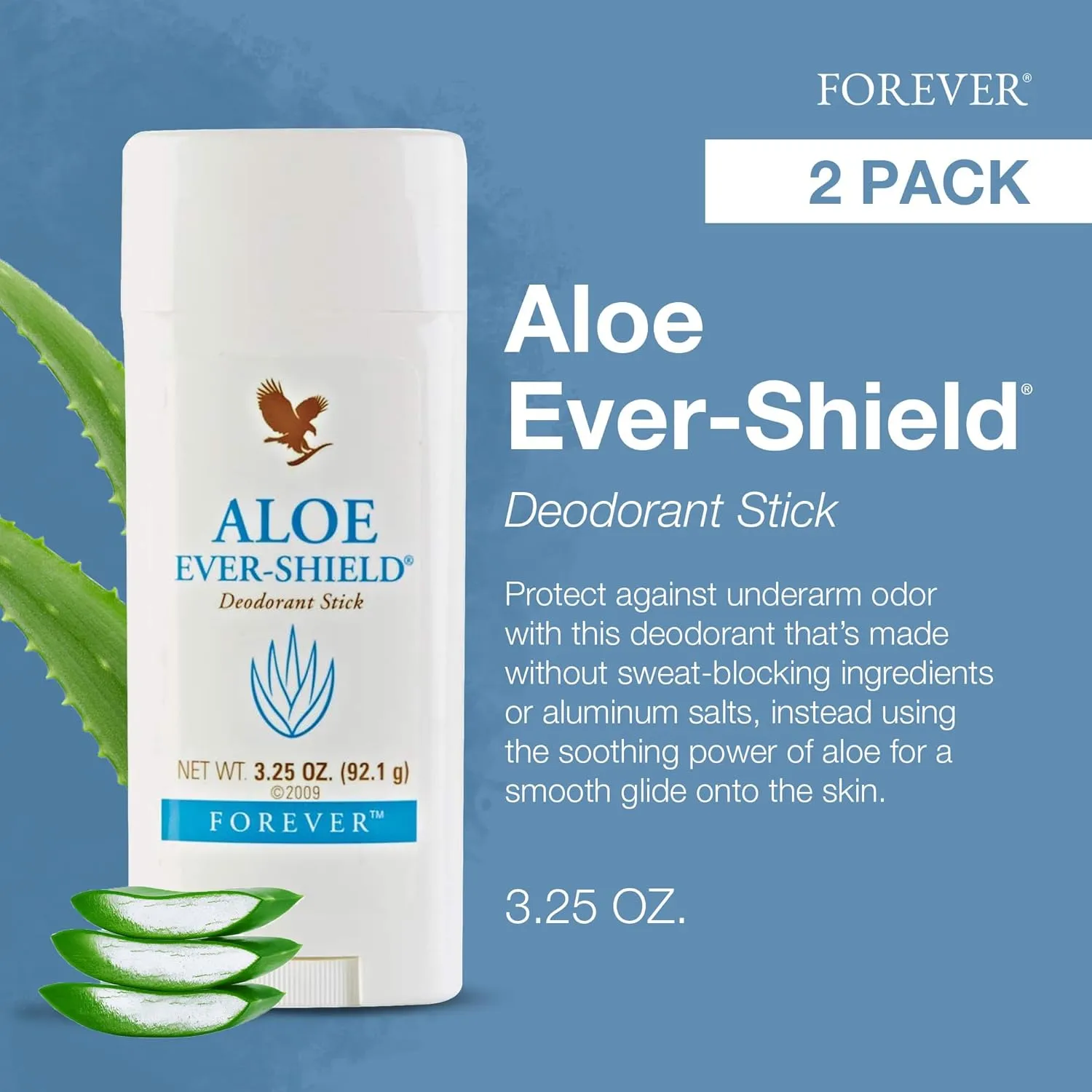 Forever Living - Aloe Ever-Shield - Aluminum-Free Deodorant with Soothing Aloe for Sensitive Skin - 3.25 oz Stick (Pack of 2)