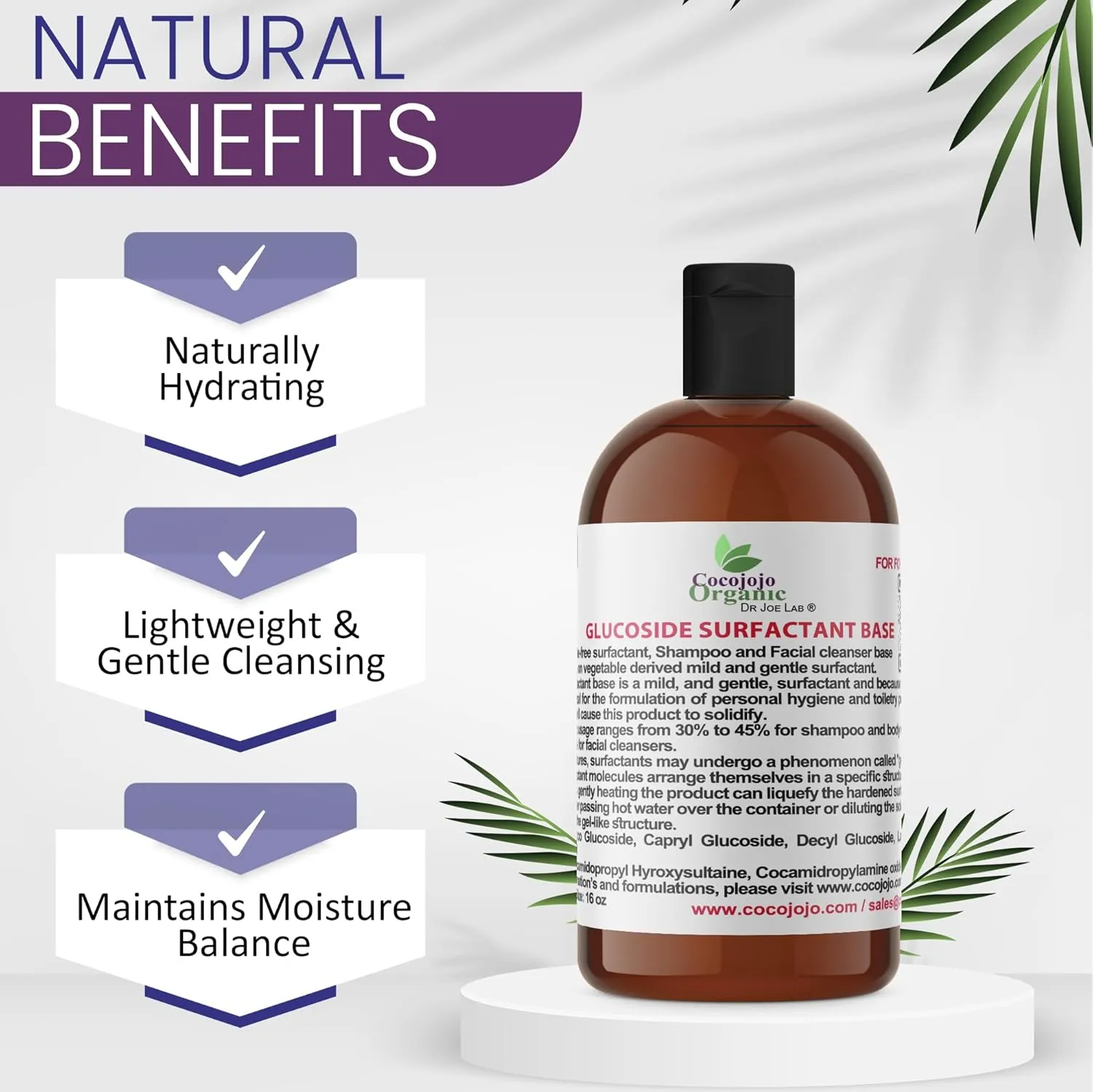 Glucoside Surfactant Base - Plant Derived in One Natural Gentle Mild Rich Foaming Cleanser - Lauryl Decyl Coco Capryl Caprylyl Cosmetic Liquid Hand Soap Body Wash - 16 oz