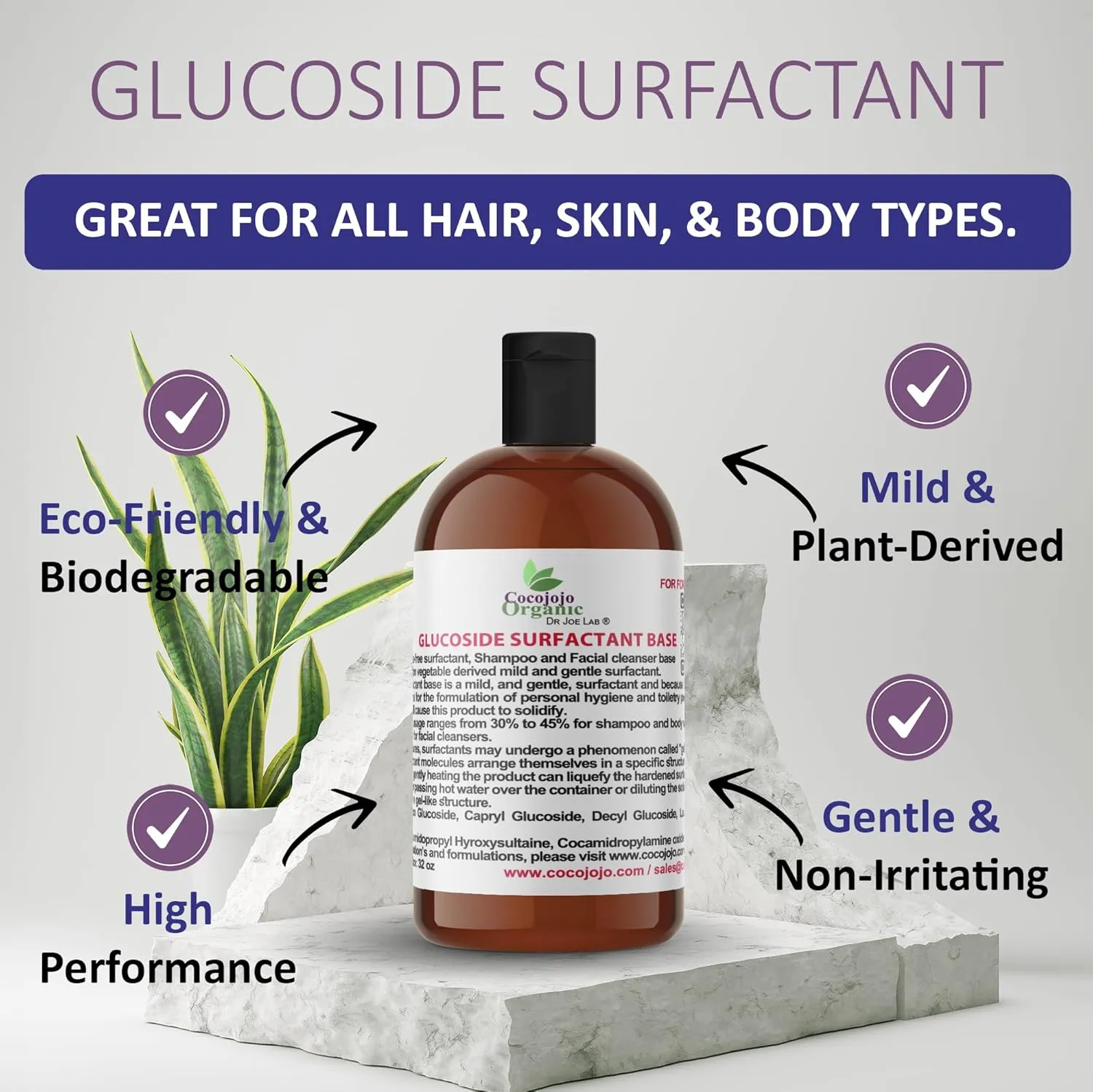 Glucoside Surfactant Base - Plant Derived in One Natural Gentle Mild Rich Foaming Cleanser - Lauryl Decyl Coco Capryl Caprylyl Cosmetic Liquid Hand Soap Body Wash - 16 oz
