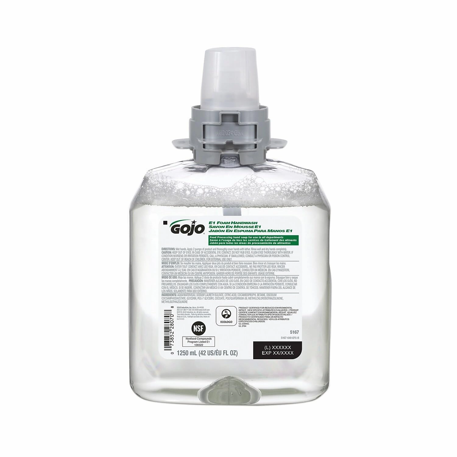 GOJO E1 Foam Handwash, Fragrance Free, 1250 mL Handwash Refill FMX-12 Push-Style Hand Soap Dispenser (Pack of 4) - 5167-04