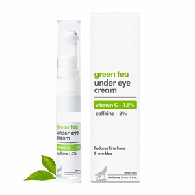 Green Tea Under Eye Cream to Reduce Fine Lines, Wrinkles & Dark Circles | 3% Caffeine, 1.5% Vit C & Peptides to Reduce Puffiness & Refresh Skin | Cooling Gel & Roller for Men & Women-15 ml