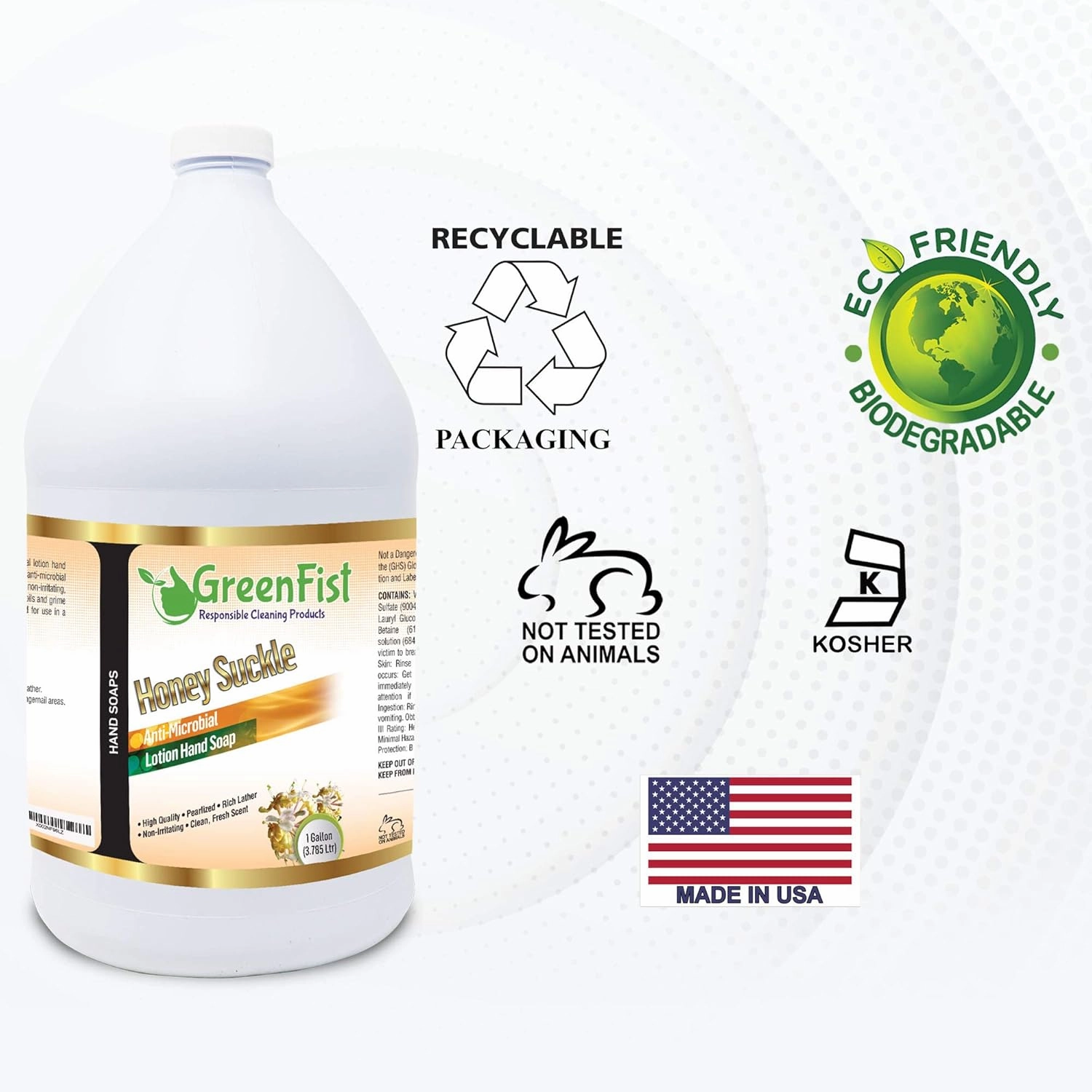GreenFist Lotionized Hand Soap [ Liquid Gel Refill ] Made in USA, 128 Ounce (1 Gallon) (Honey Suckle)