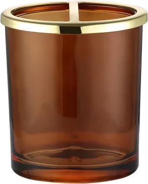 Halston Amber Glass Bathroom Accessories Collection, Foaming Soap Dispenser, Heavy Weight Qtip Cotton Jar Holder, Soap Dish, Vanity Trinket Tray, Tooth Brush Holder Gold