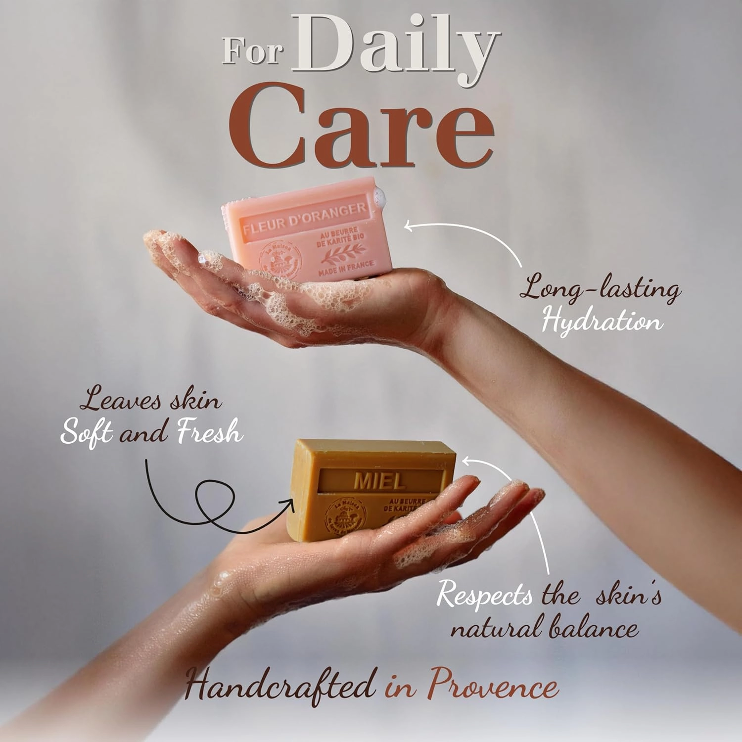 Hand & Body Soap Bars Trio - Jasmine Moisturizing French Soap with Organic Shea Butter - Rich Creamy Lather - 97% Natural Ingredients - Solid Bath Cleanser Made in Provence - 3x4.4 oz