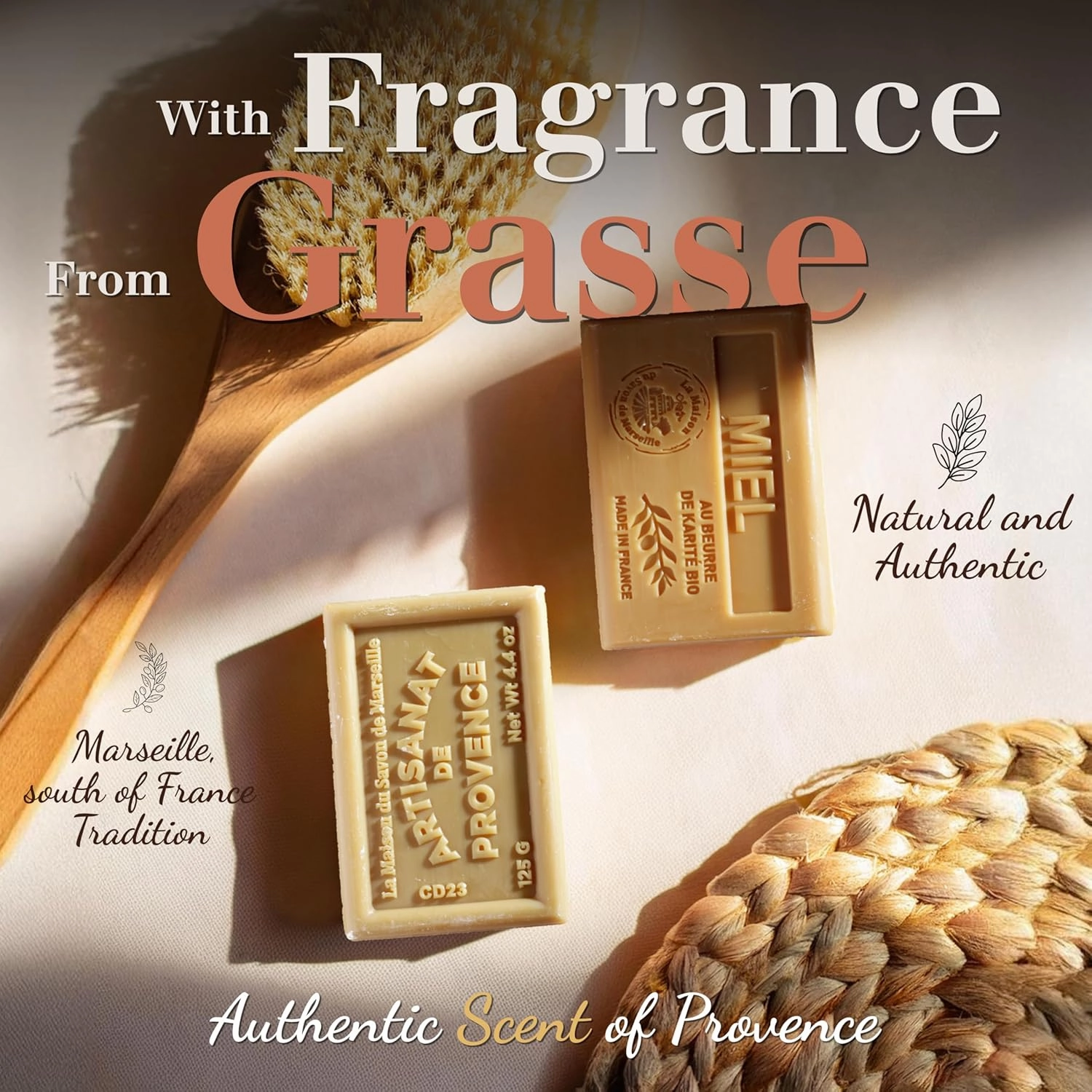 Hand & Body Soap Bars Trio - Jasmine Moisturizing French Soap with Organic Shea Butter - Rich Creamy Lather - 97% Natural Ingredients - Solid Bath Cleanser Made in Provence - 3x4.4 oz