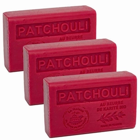 Hand & Body Soap Bars Trio - Patchouli Moisturizing French Soap with Organic Shea Butter - Rich Creamy Lather - 97% Natural Ingredients - Solid Bath Cleanser Made in Provence - 3x4.4 oz