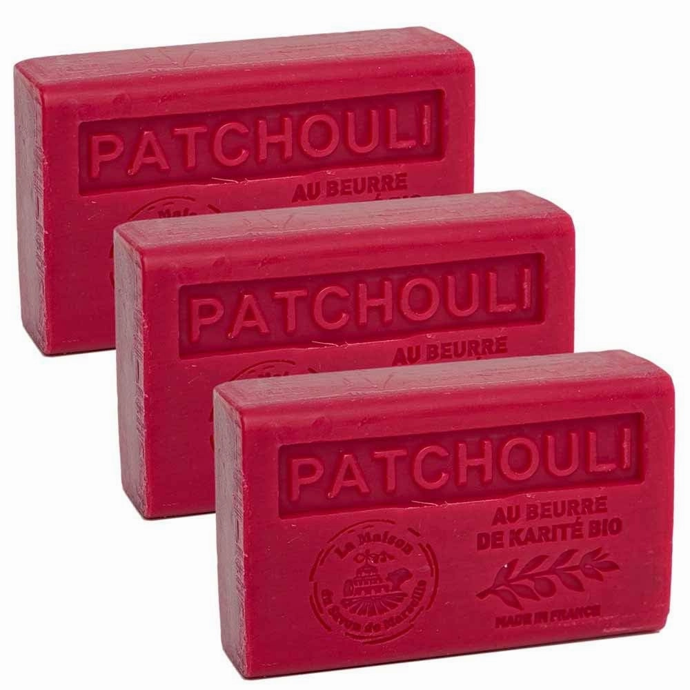Hand & Body Soap Bars Trio - Patchouli Moisturizing French Soap with Organic Shea Butter - Rich Creamy Lather - 97% Natural Ingredients - Solid Bath Cleanser Made in Provence - 3x4.4 oz
