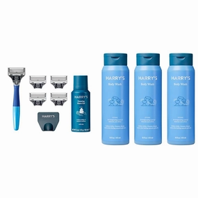 Harry's Razors for Men - Men's Razor Set with 5 Razor Blade Refills, Travel Blade Cover, 2 oz Shave Gel (Ocean Blue) & Men's Body Wash Shower Gel - Stone, 16 Fl Oz (Pack of 3)