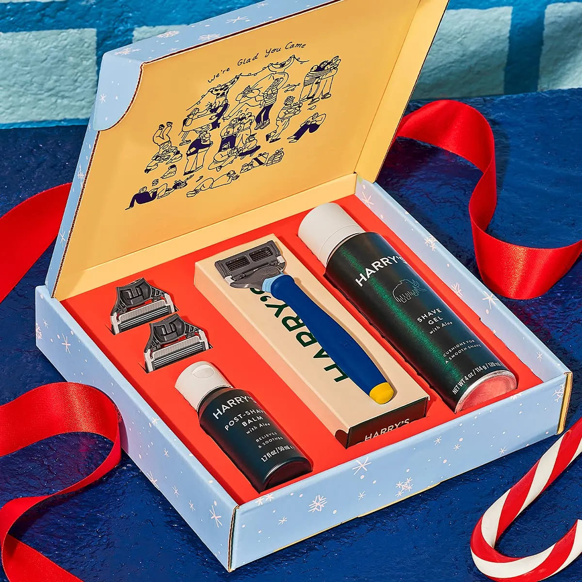 Harry's Holiday Shaving Gift Set for Men - Razor Handle, 3 Razor Blade Refills, Foaming Shave Gel, and Post-Shave Balm - Evening Blue