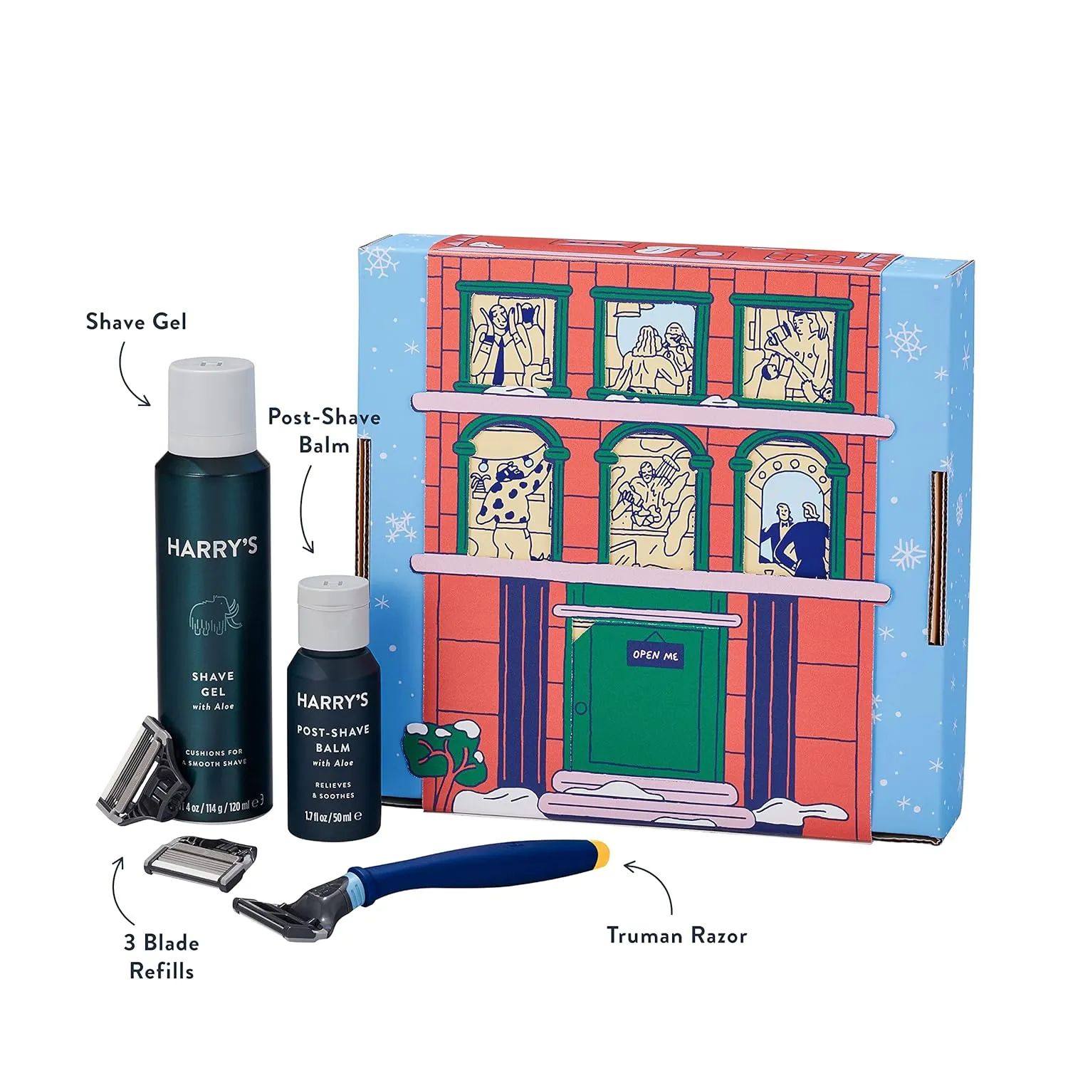 Harry's Holiday Shaving Gift Set for Men - Razor Handle, 3 Razor Blade Refills, Foaming Shave Gel, and Post-Shave Balm - Evening Blue