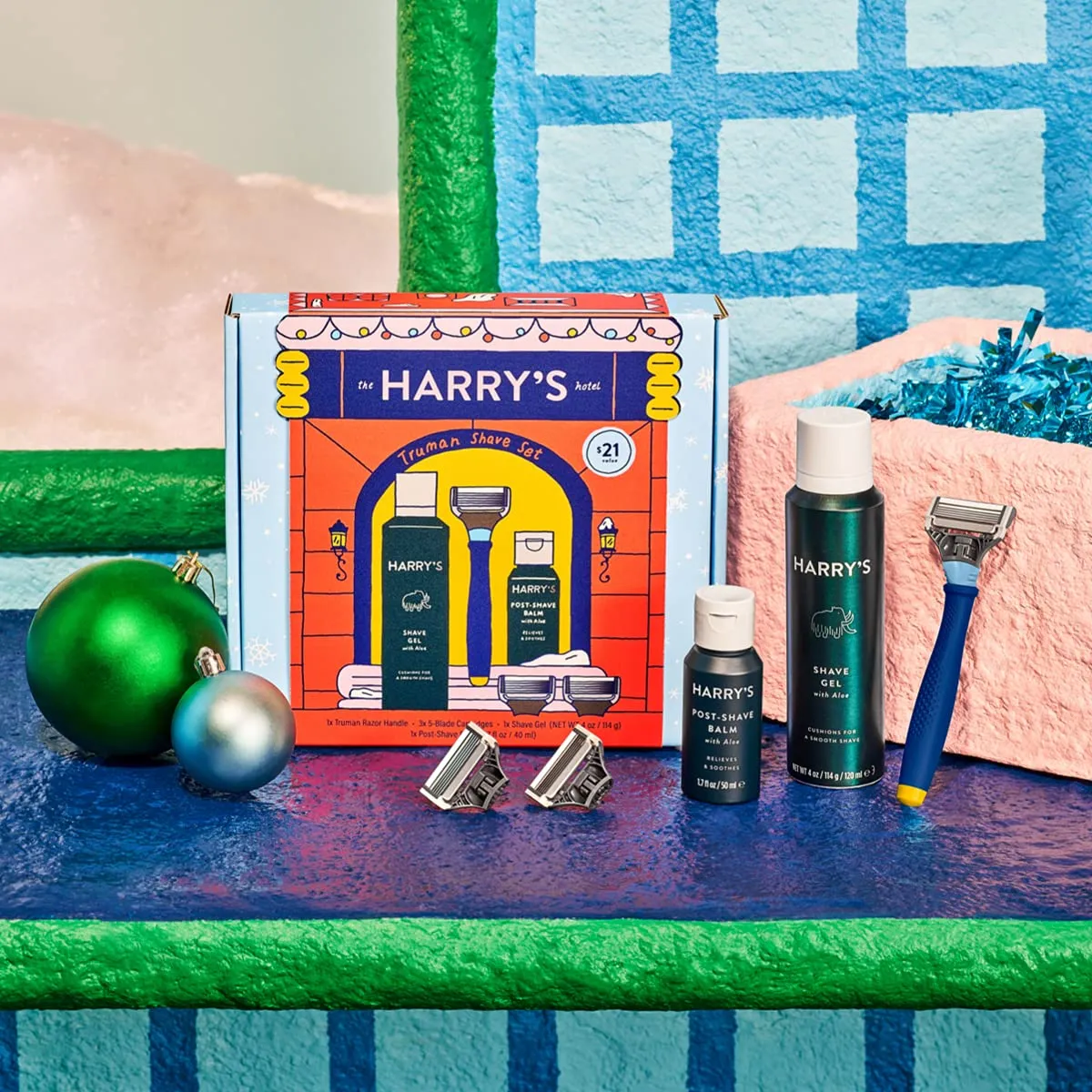 Harry's Holiday Shaving Gift Set for Men - Razor Handle, 3 Razor Blade Refills, Foaming Shave Gel, and Post-Shave Balm - Evening Blue