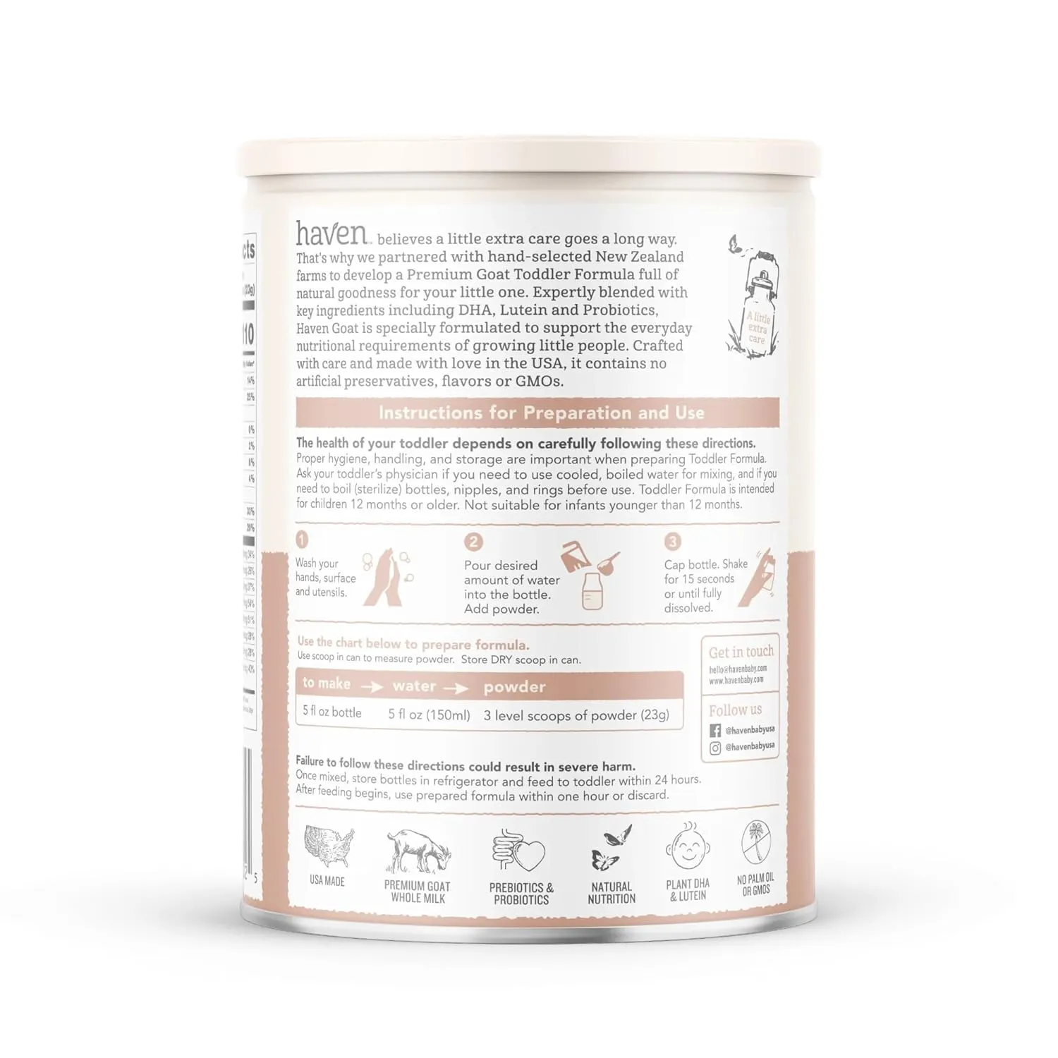 Haven Goat Toddler Formula | 1 to 3 Years | Premium New Zealand Forage-fed Goat Whole Milk Toddler Formula | Wholesome Goodness | Gentle on Tiny Tummies | Immune Support | Prebiotics, Probiotics, DHA, Lutein | Non GMO | No Palm Oil | 14.1 oz