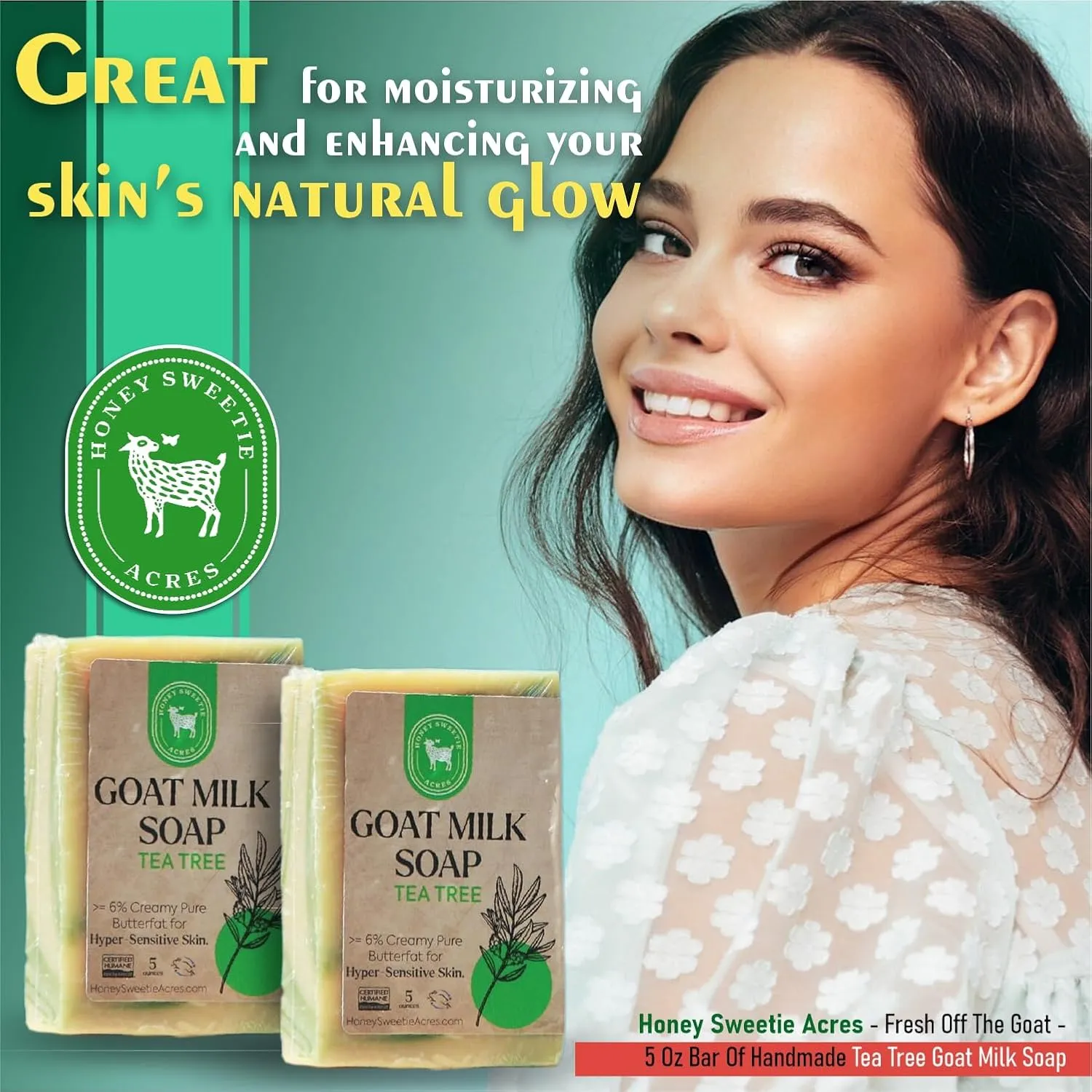 Honey Sweetie Acres 2-Pack Tea Tree Goat Milk Soap - Handmade 5 oz Bar, Made with Natural Ingredients, Moisturizing & Gentle, Made in the USA