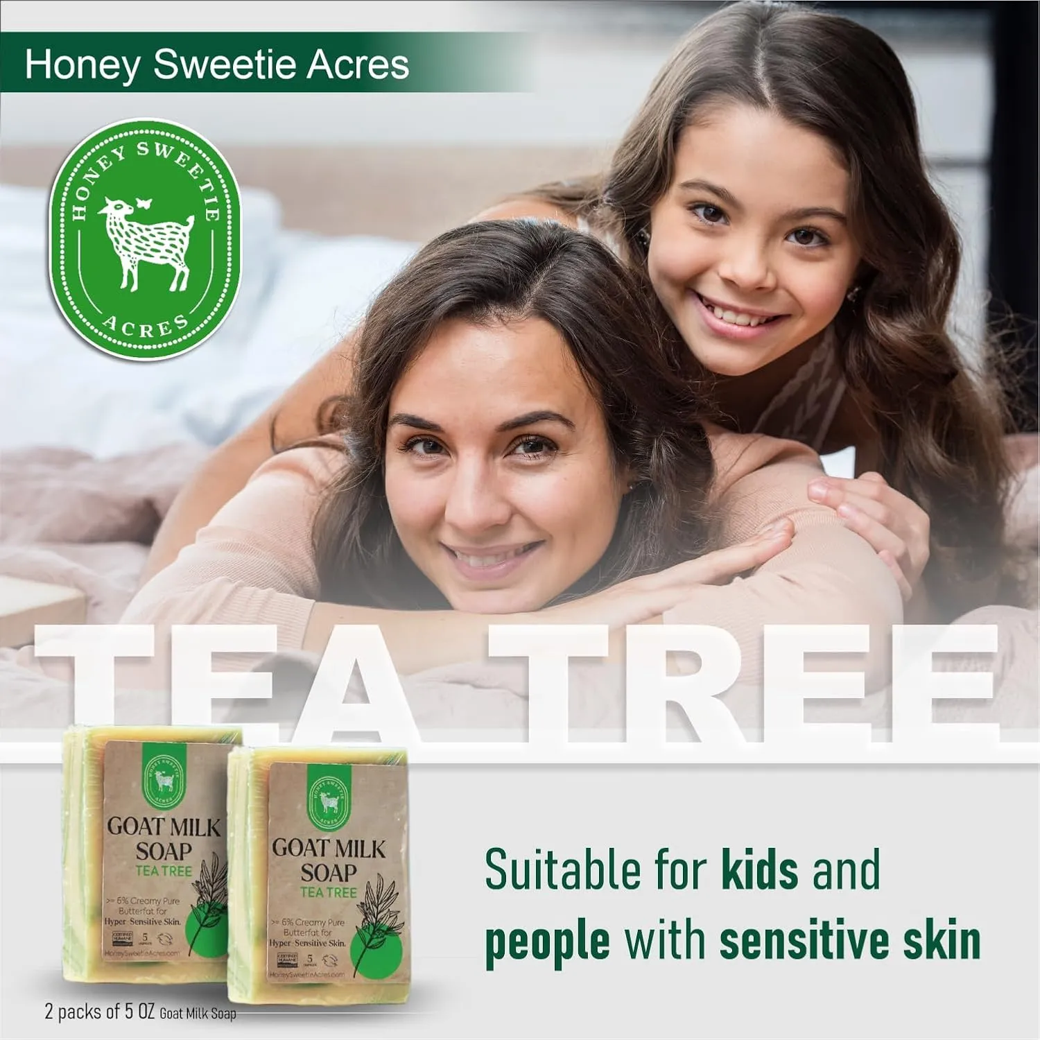 Honey Sweetie Acres 2-Pack Tea Tree Goat Milk Soap - Handmade 5 oz Bar, Made with Natural Ingredients, Moisturizing & Gentle, Made in the USA