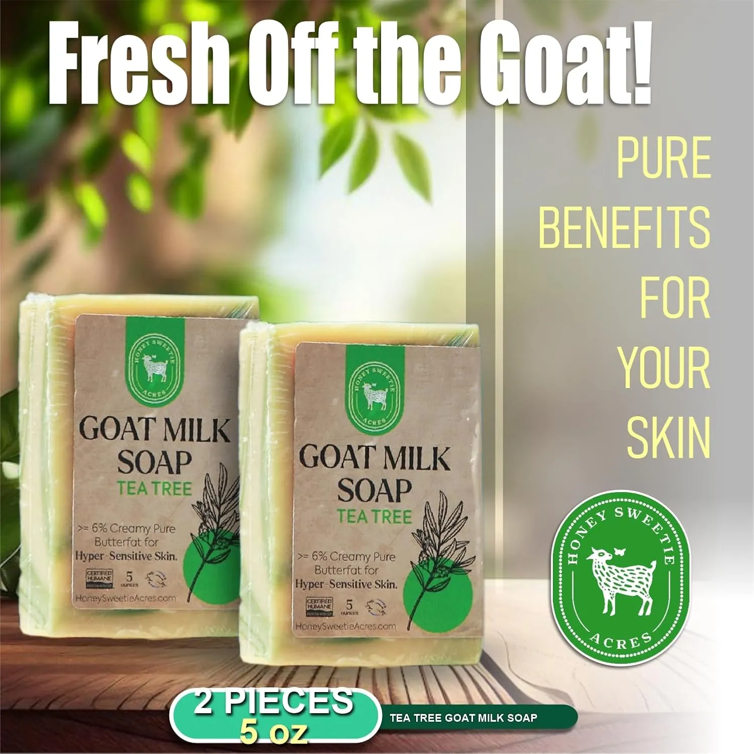 Honey Sweetie Acres 2-Pack Tea Tree Goat Milk Soap - Handmade 5 oz Bar, Made with Natural Ingredients, Moisturizing & Gentle, Made in the USA