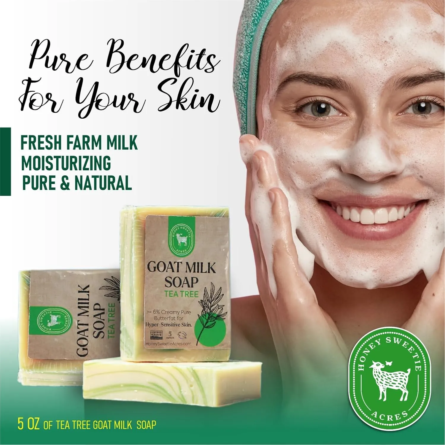 Honey Sweetie Acres 2-Pack Tea Tree Goat Milk Soap - Handmade 5 oz Bar, Made with Natural Ingredients, Moisturizing & Gentle, Made in the USA