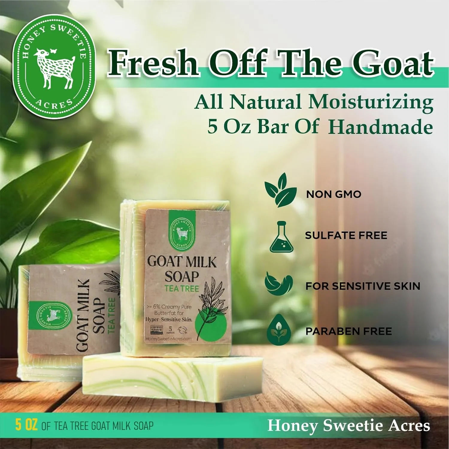Honey Sweetie Acres 2-Pack Tea Tree Goat Milk Soap - Handmade 5 oz Bar, Made with Natural Ingredients, Moisturizing & Gentle, Made in the USA