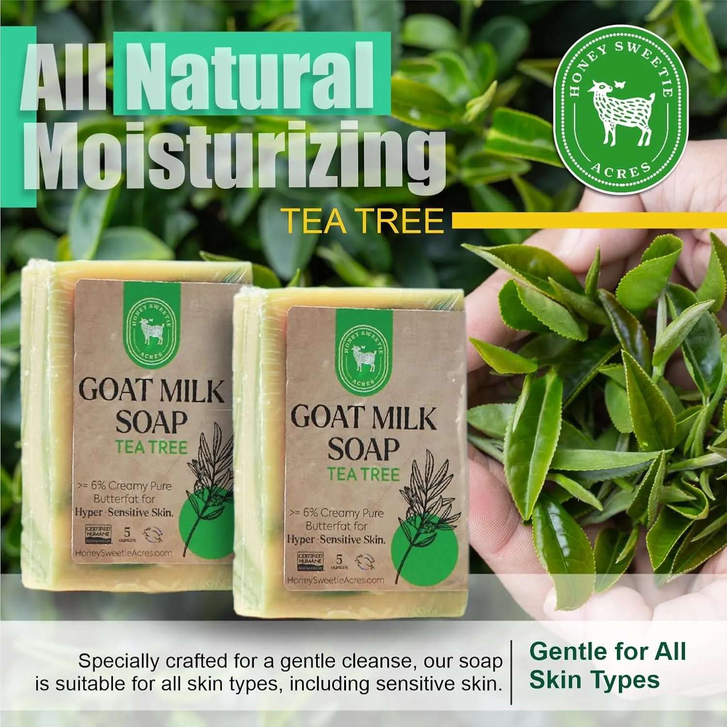 Honey Sweetie Acres 2-Pack Tea Tree Goat Milk Soap - Handmade 5 oz Bar, Made with Natural Ingredients, Moisturizing & Gentle, Made in the USA