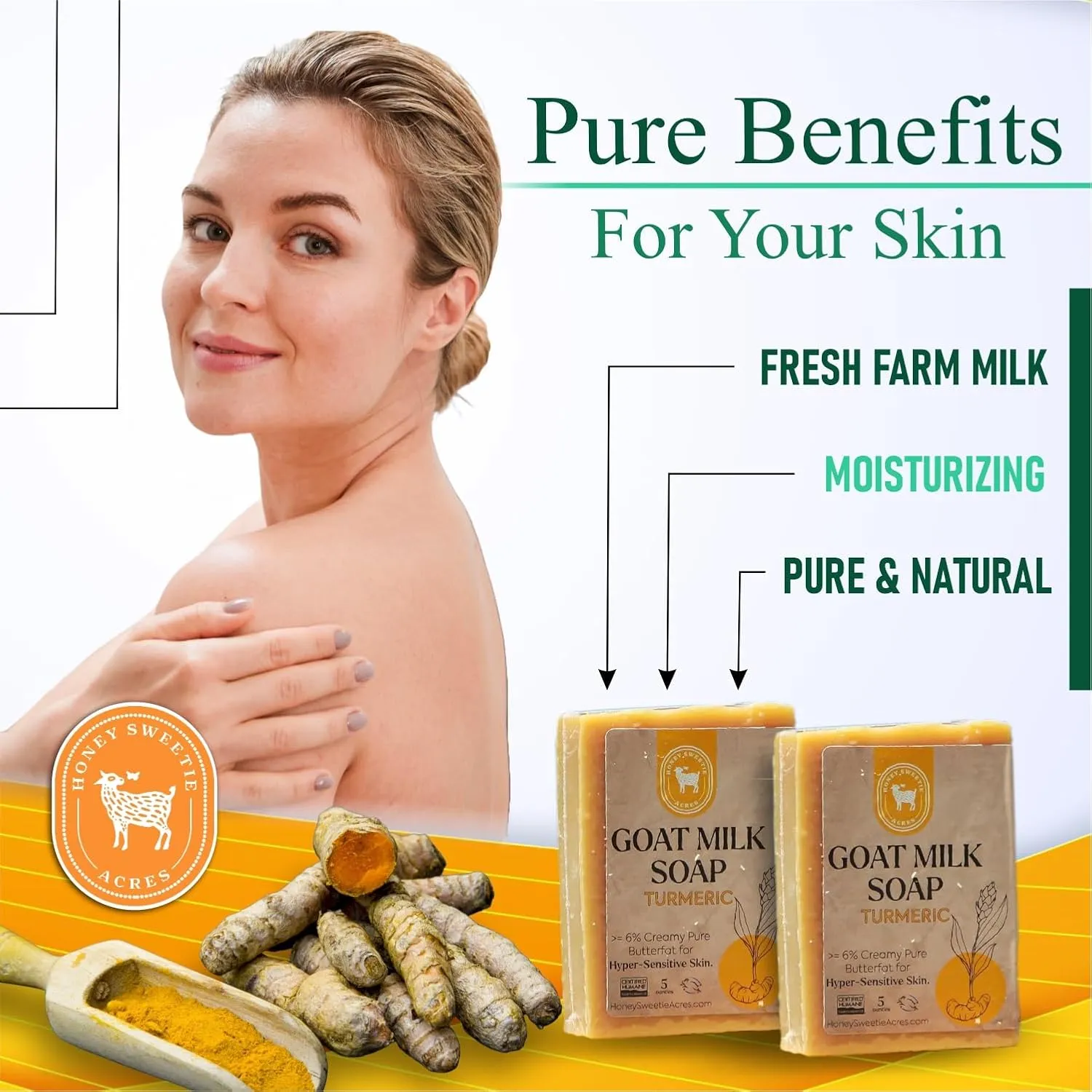 Honey Sweetie Acres 2-Pack Turmeric Goat Milk Soap - All Natural 5 oz Handmade Bar Soap – Moisturizing, Gentle for Sensitive Skin, Eco-Friendly, Made in the USA