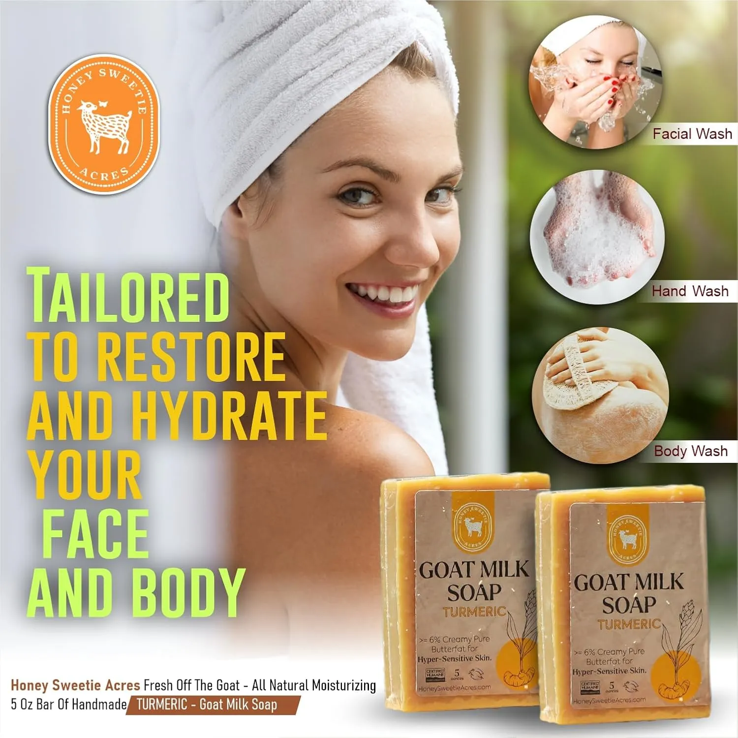 Honey Sweetie Acres 2-Pack Turmeric Goat Milk Soap - All Natural 5 oz Handmade Bar Soap – Moisturizing, Gentle for Sensitive Skin, Eco-Friendly, Made in the USA