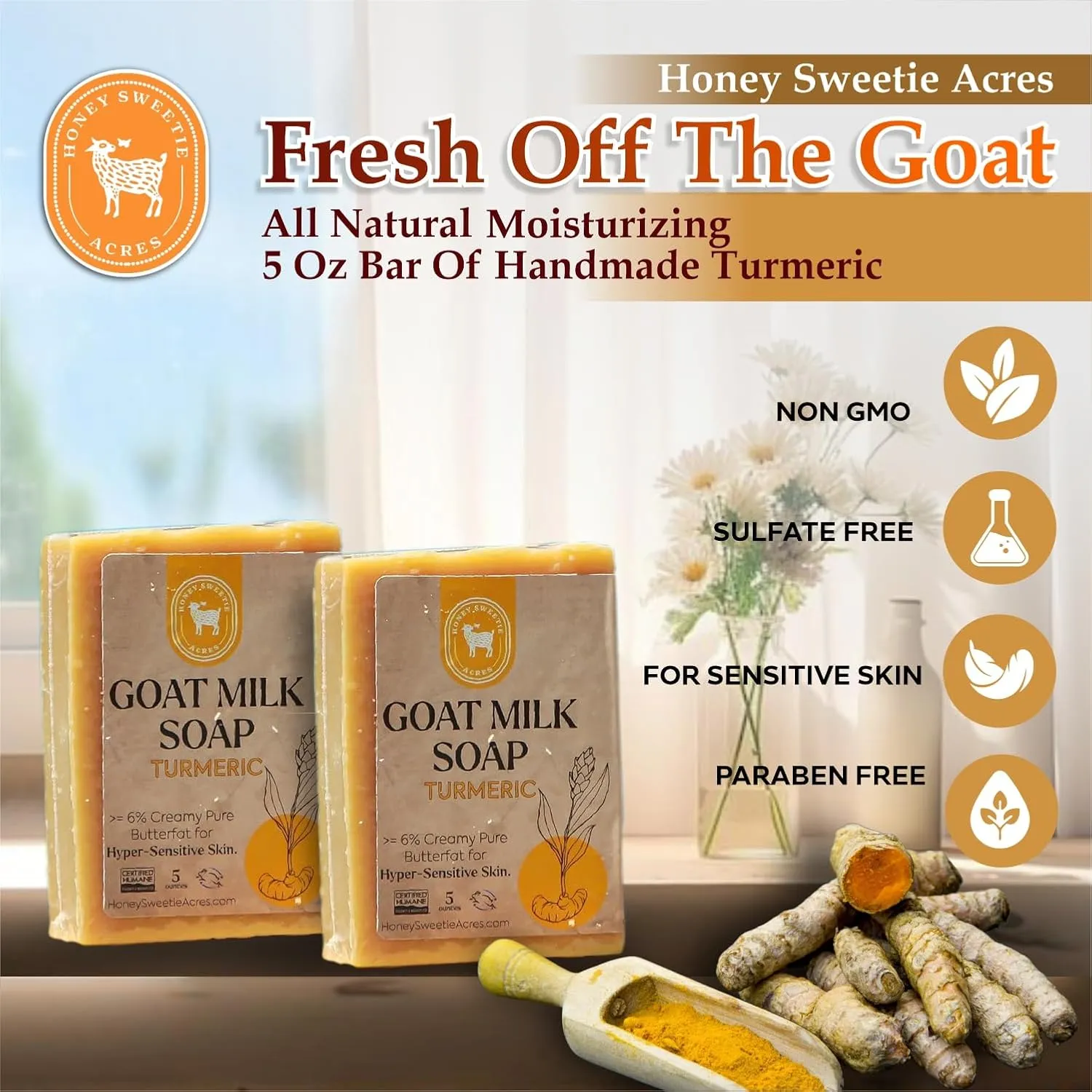 Honey Sweetie Acres 2-Pack Turmeric Goat Milk Soap - All Natural 5 oz Handmade Bar Soap – Moisturizing, Gentle for Sensitive Skin, Eco-Friendly, Made in the USA