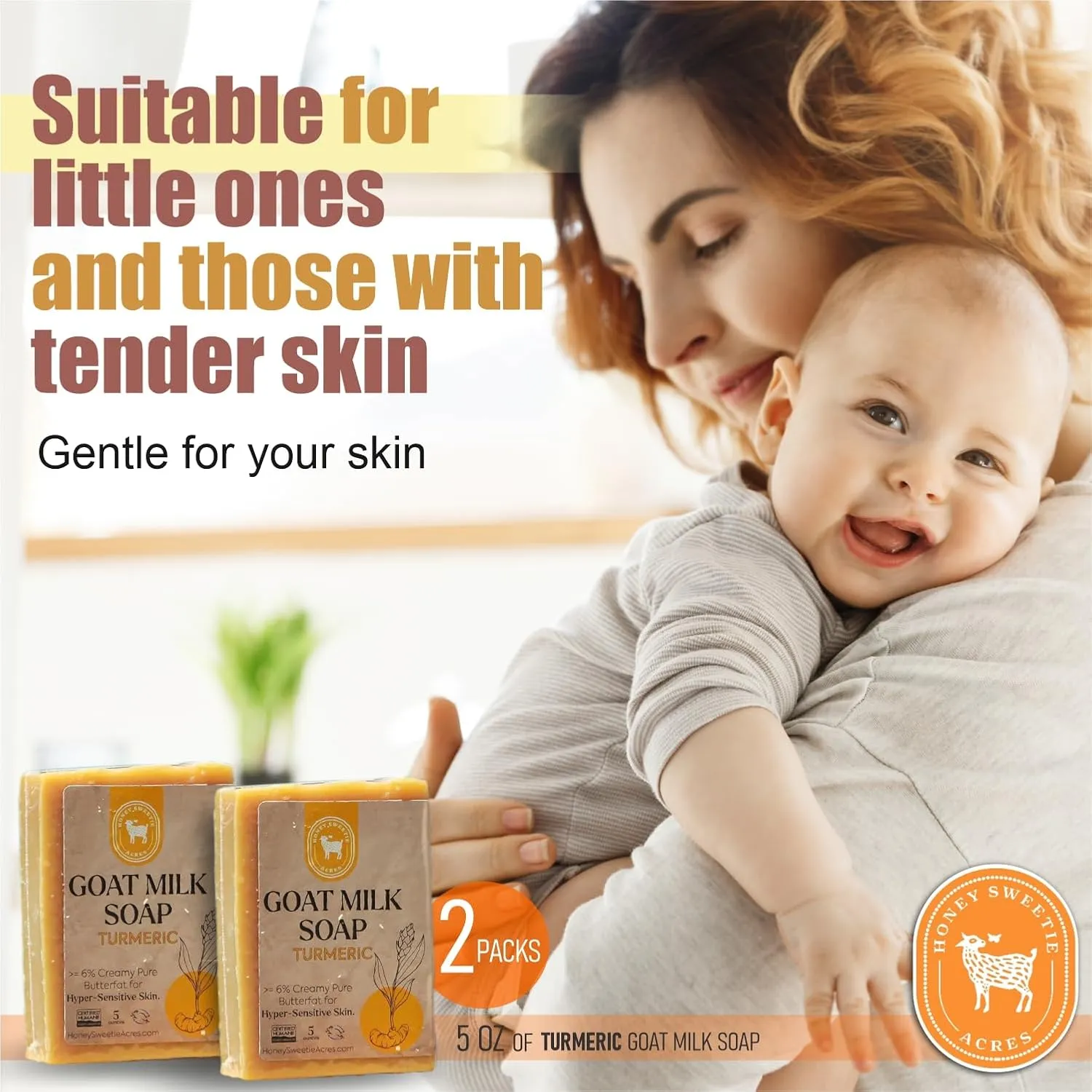 Honey Sweetie Acres 2-Pack Turmeric Goat Milk Soap - All Natural 5 oz Handmade Bar Soap – Moisturizing, Gentle for Sensitive Skin, Eco-Friendly, Made in the USA