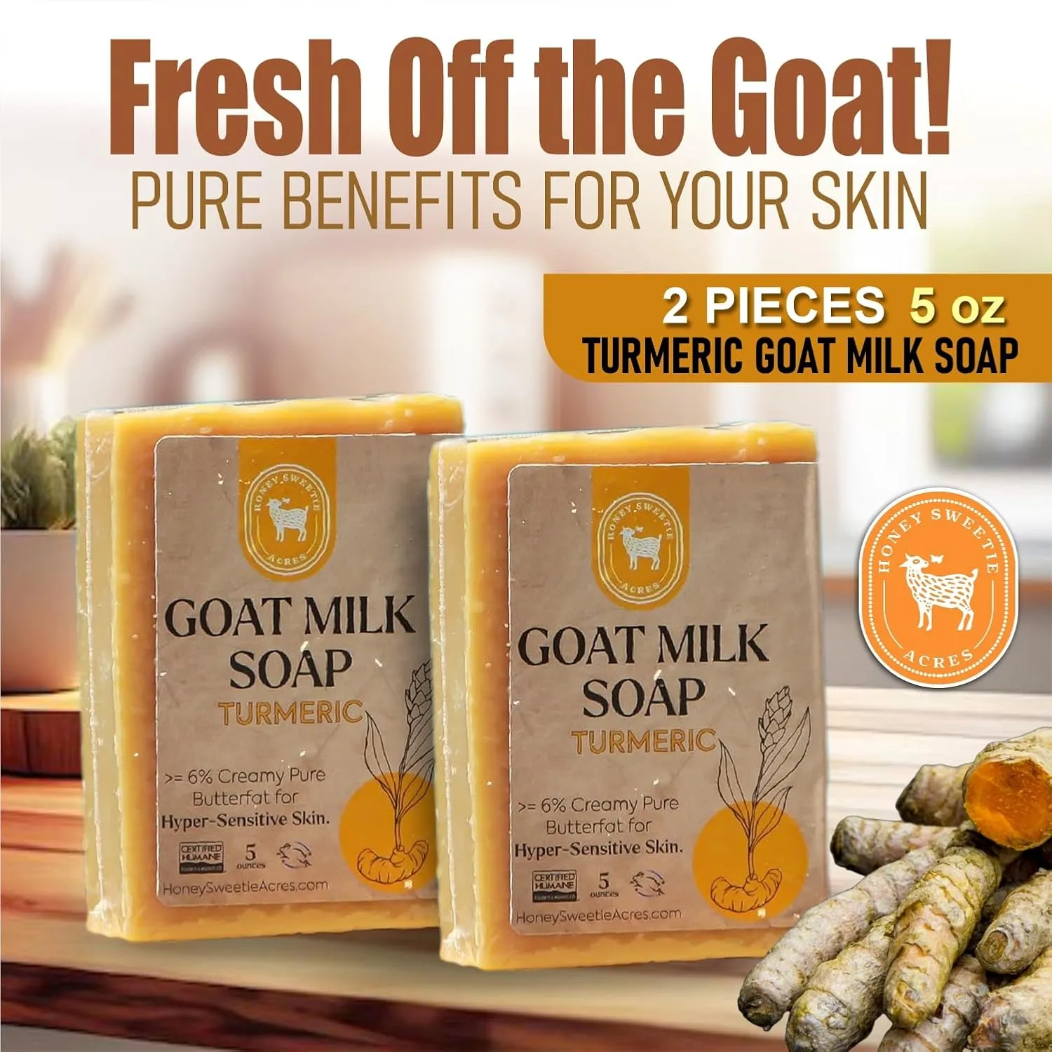 Honey Sweetie Acres 2-Pack Turmeric Goat Milk Soap - All Natural 5 oz Handmade Bar Soap – Moisturizing, Gentle for Sensitive Skin, Eco-Friendly, Made in the USA