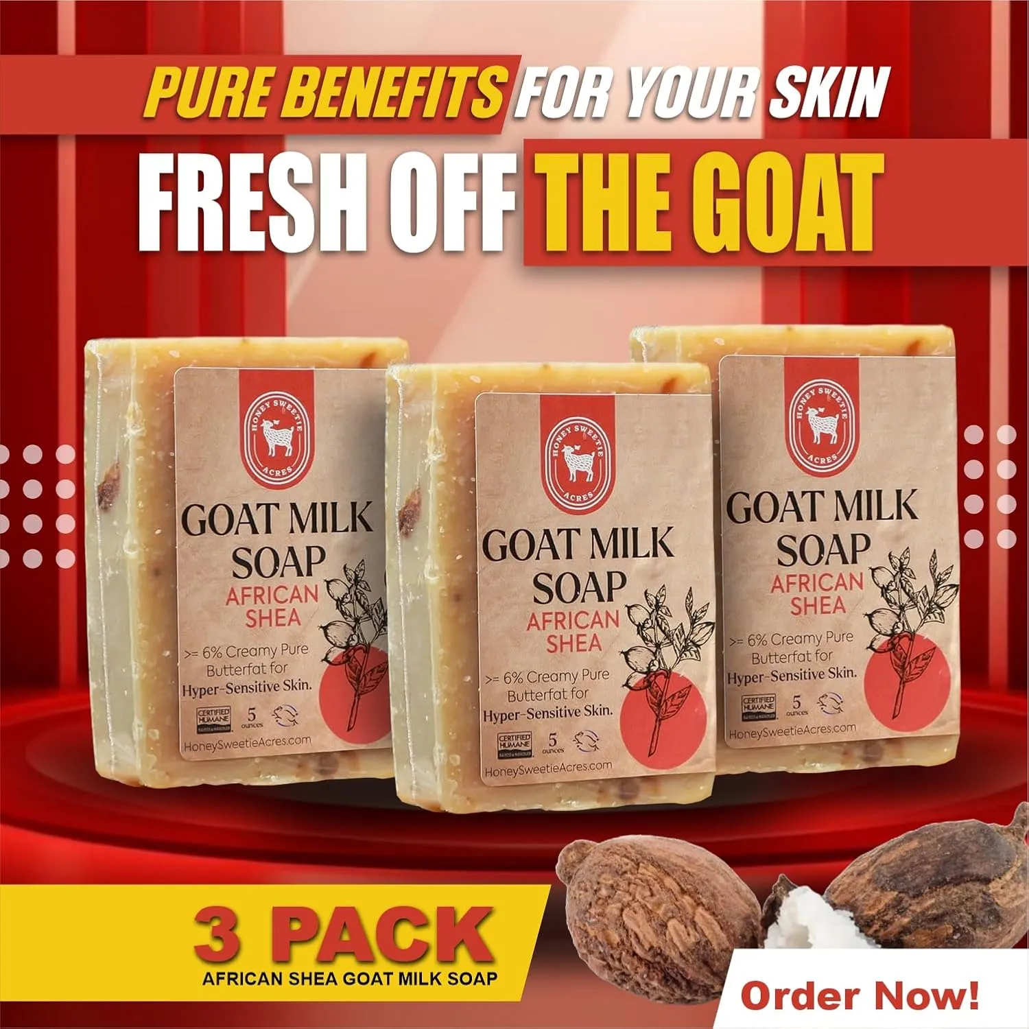 Honey Sweetie Acres 3-Pack African Shea Goat Milk Soap - Handmade 5 oz Bar, Made with Natural Ingredients, Moisturizing & Gentle, Made in the USA