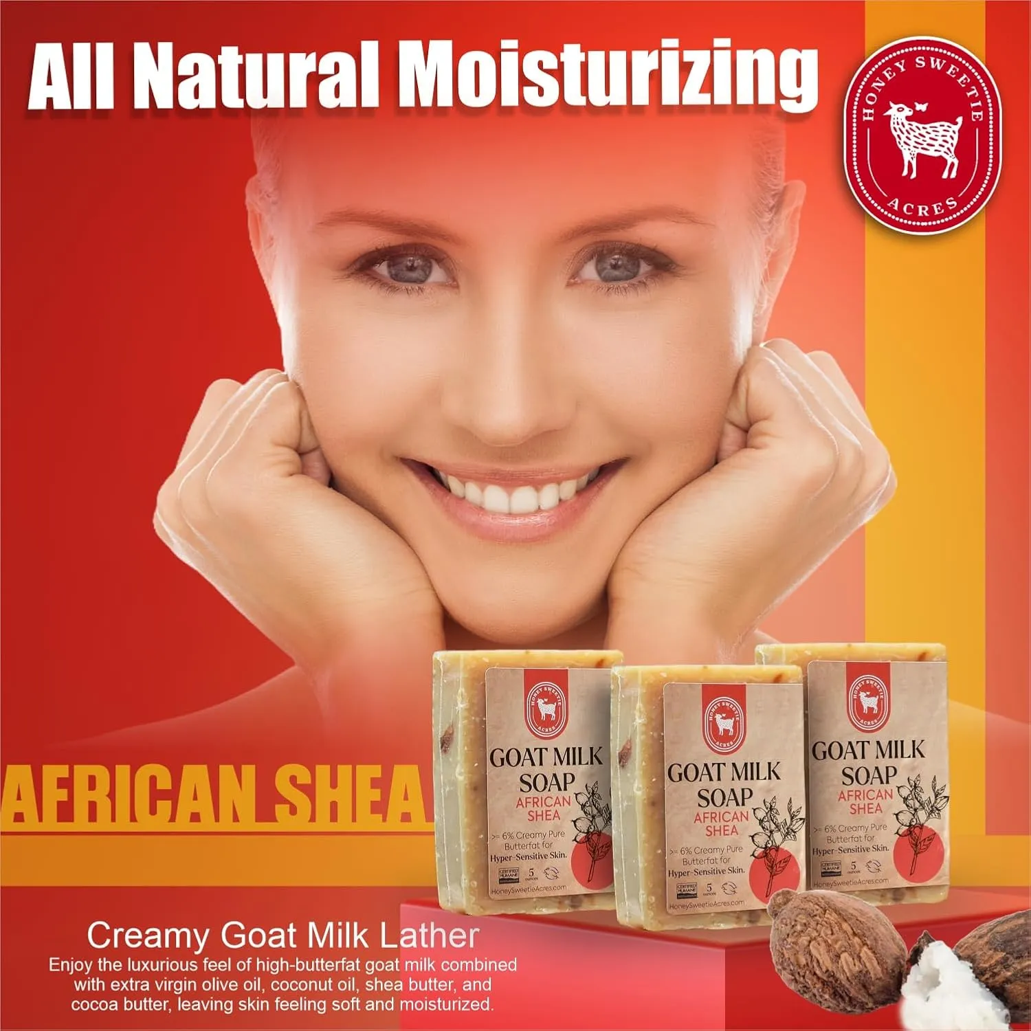 Honey Sweetie Acres 3-Pack African Shea Goat Milk Soap - Handmade 5 oz Bar, Made with Natural Ingredients, Moisturizing & Gentle, Made in the USA