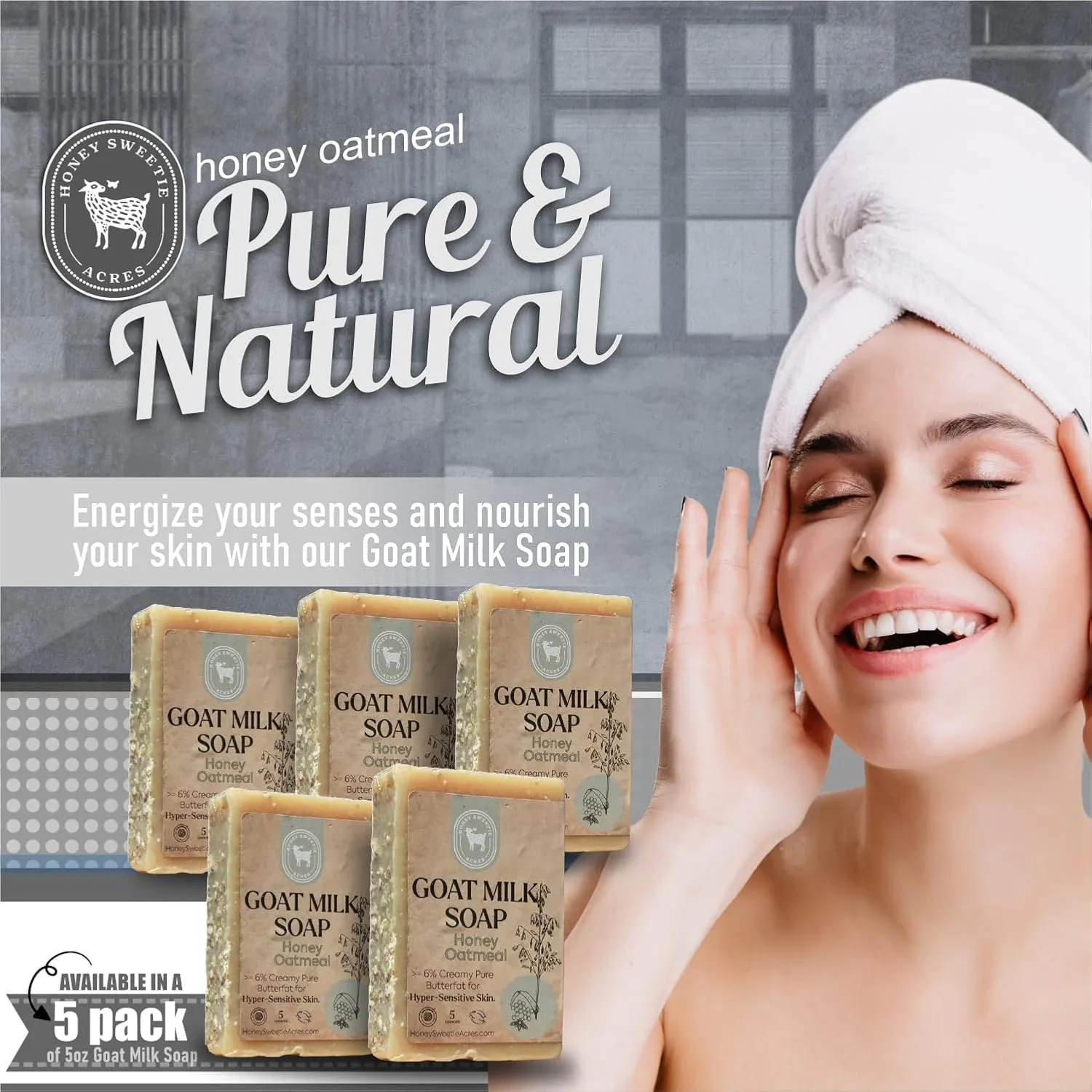 Honey Sweetie Acres 5-Pack of Honey Oatmeal Goat Milk Soap - All Natural 5 oz Handmade Bar Soap – Moisturizing, Gentle for Your Skin, Eco-Friendly, Made in the USA (Honey Oatmeal)