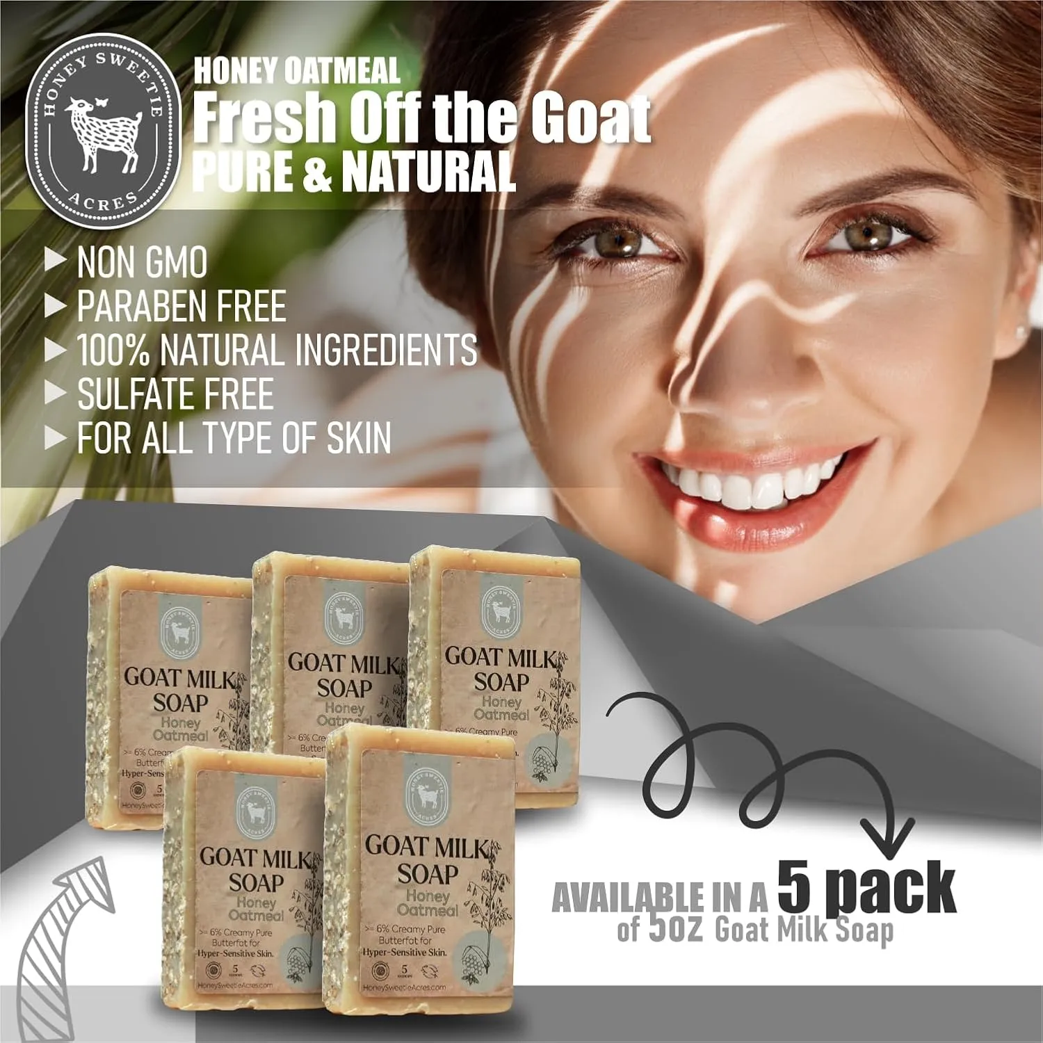Honey Sweetie Acres 5-Pack of Honey Oatmeal Goat Milk Soap - All Natural 5 oz Handmade Bar Soap – Moisturizing, Gentle for Your Skin, Eco-Friendly, Made in the USA (Honey Oatmeal)