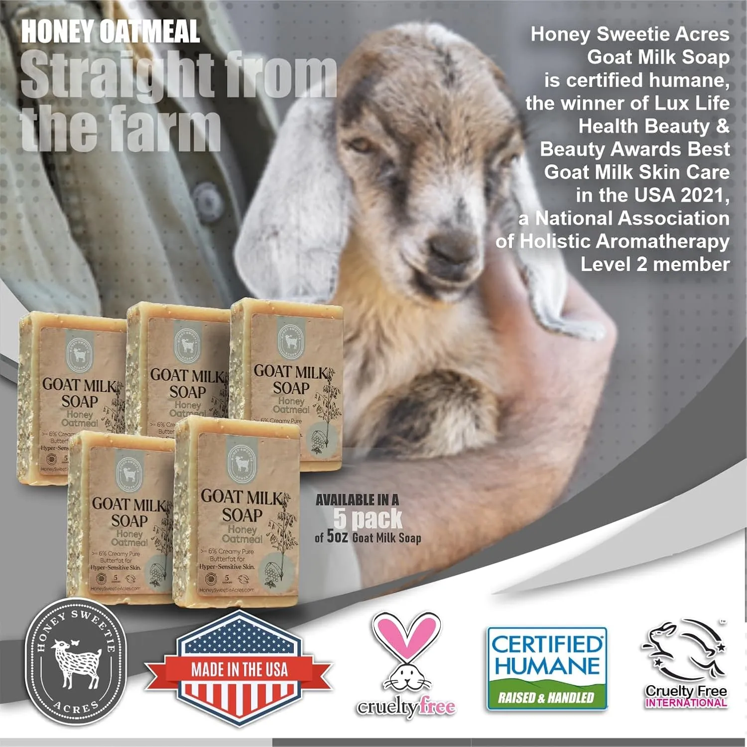 Honey Sweetie Acres 5-Pack of Honey Oatmeal Goat Milk Soap - All Natural 5 oz Handmade Bar Soap – Moisturizing, Gentle for Your Skin, Eco-Friendly, Made in the USA (Honey Oatmeal)