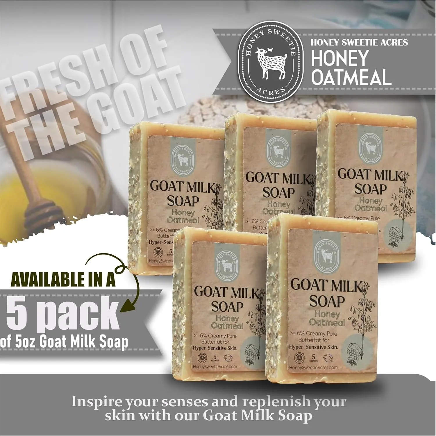 Honey Sweetie Acres 5-Pack of Honey Oatmeal Goat Milk Soap - All Natural 5 oz Handmade Bar Soap – Moisturizing, Gentle for Your Skin, Eco-Friendly, Made in the USA (Honey Oatmeal)