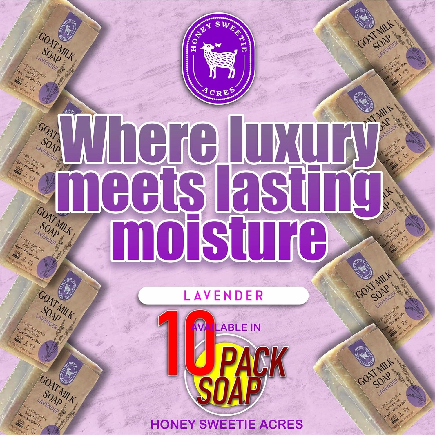 Honey Sweetie Acres 10-Pack of Lavender Goat Milk Soap - Handmade 5 oz Bar, Made with Natural Ingredients, Moisturizing & Gentle, Made in the USA