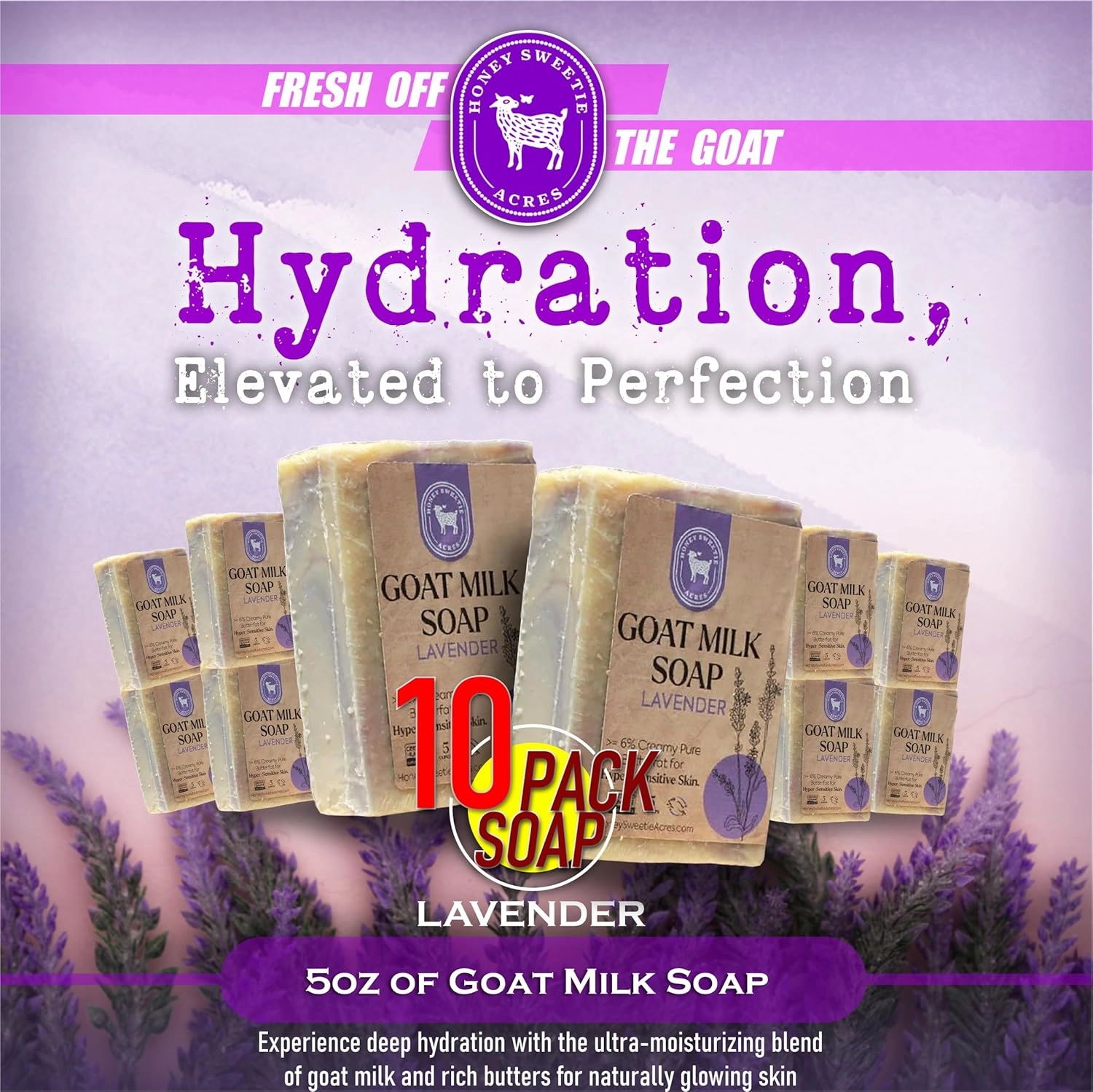 Honey Sweetie Acres 10-Pack of Lavender Goat Milk Soap - Handmade 5 oz Bar, Made with Natural Ingredients, Moisturizing & Gentle, Made in the USA