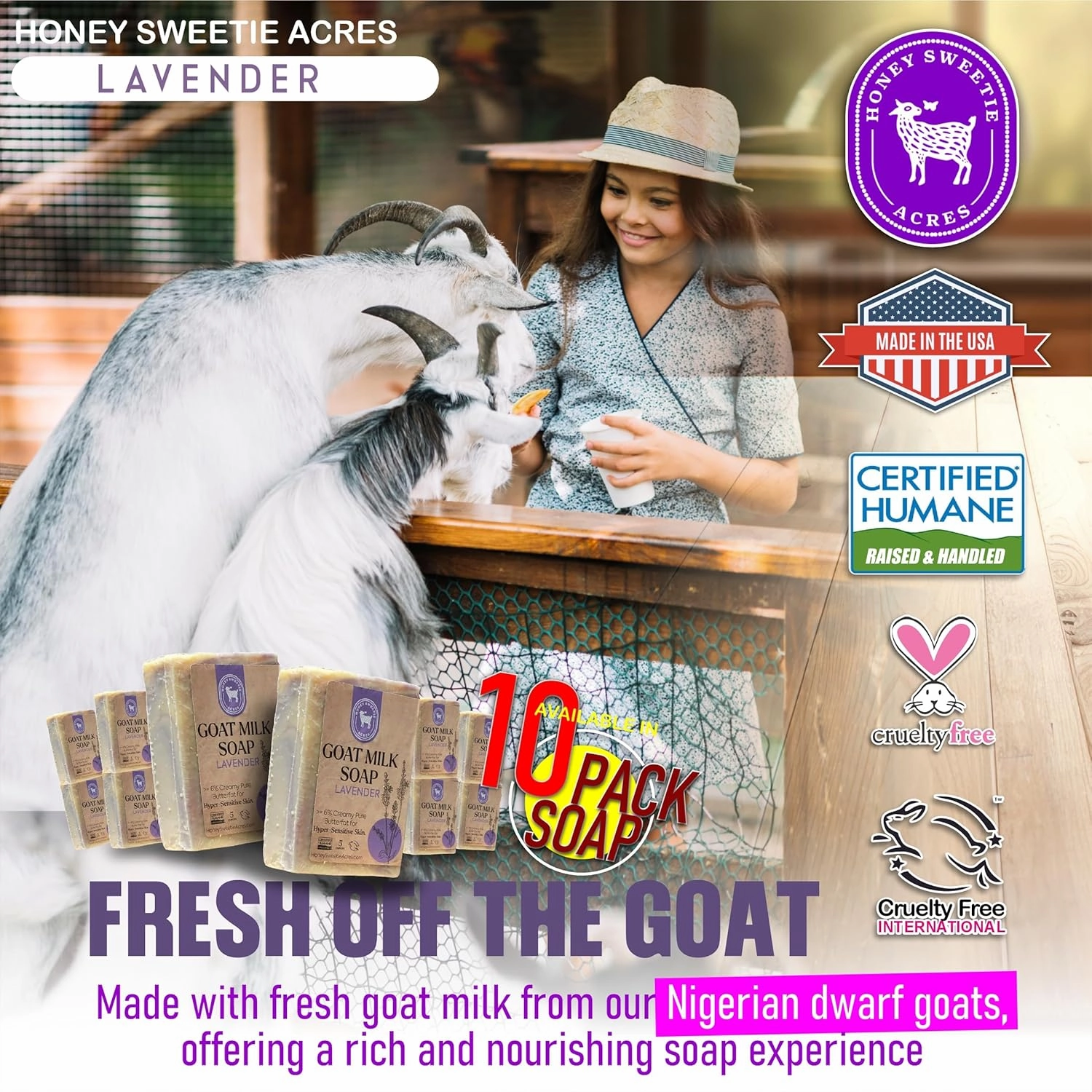 Honey Sweetie Acres 10-Pack of Lavender Goat Milk Soap - Handmade 5 oz Bar, Made with Natural Ingredients, Moisturizing & Gentle, Made in the USA