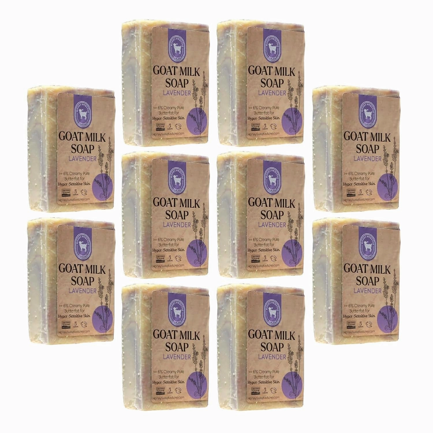 Honey Sweetie Acres 10-Pack of Lavender Goat Milk Soap - Handmade 5 oz Bar, Made with Natural Ingredients, Moisturizing & Gentle, Made in the USA